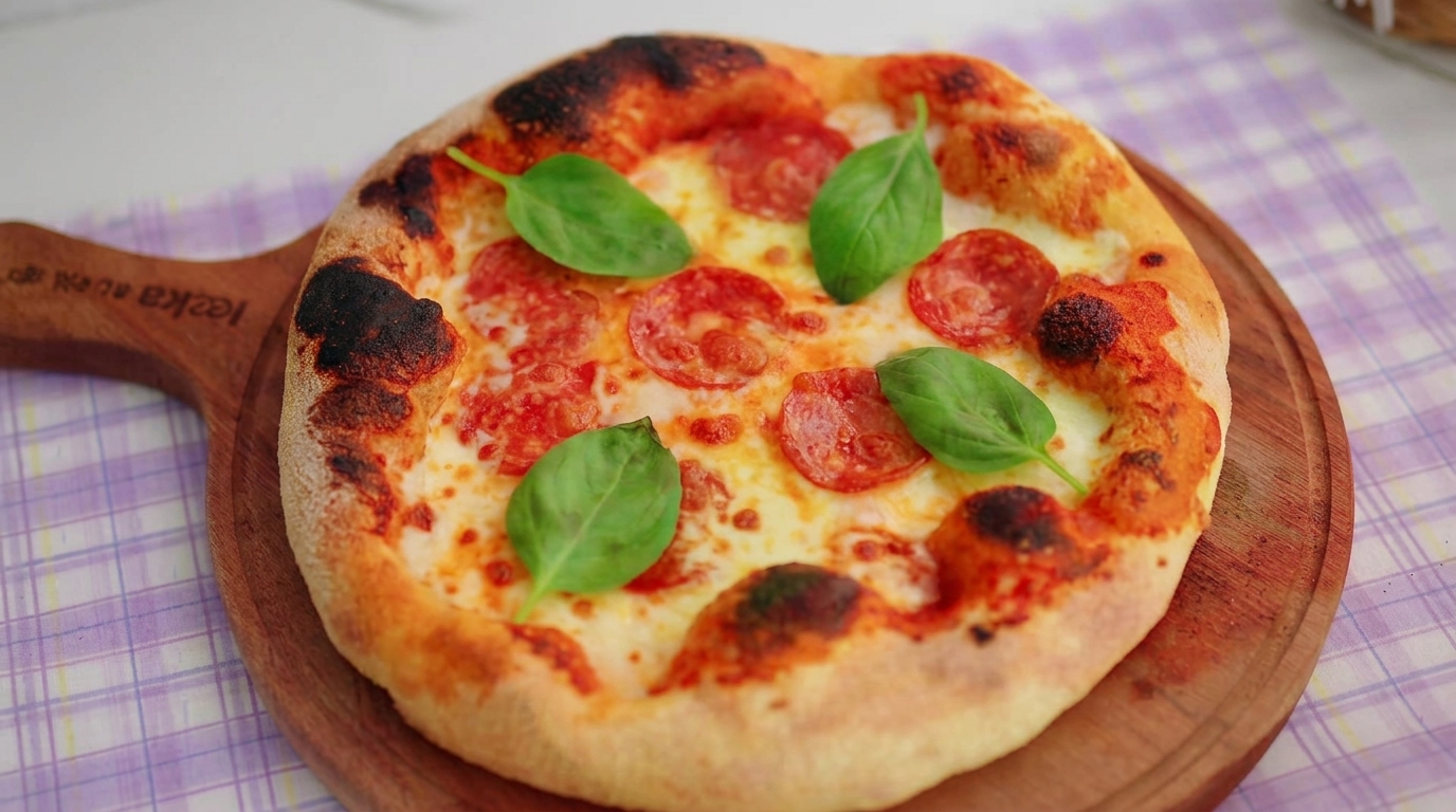 Homemade Salami Neapolitan Pizza with Thin Charred Crust