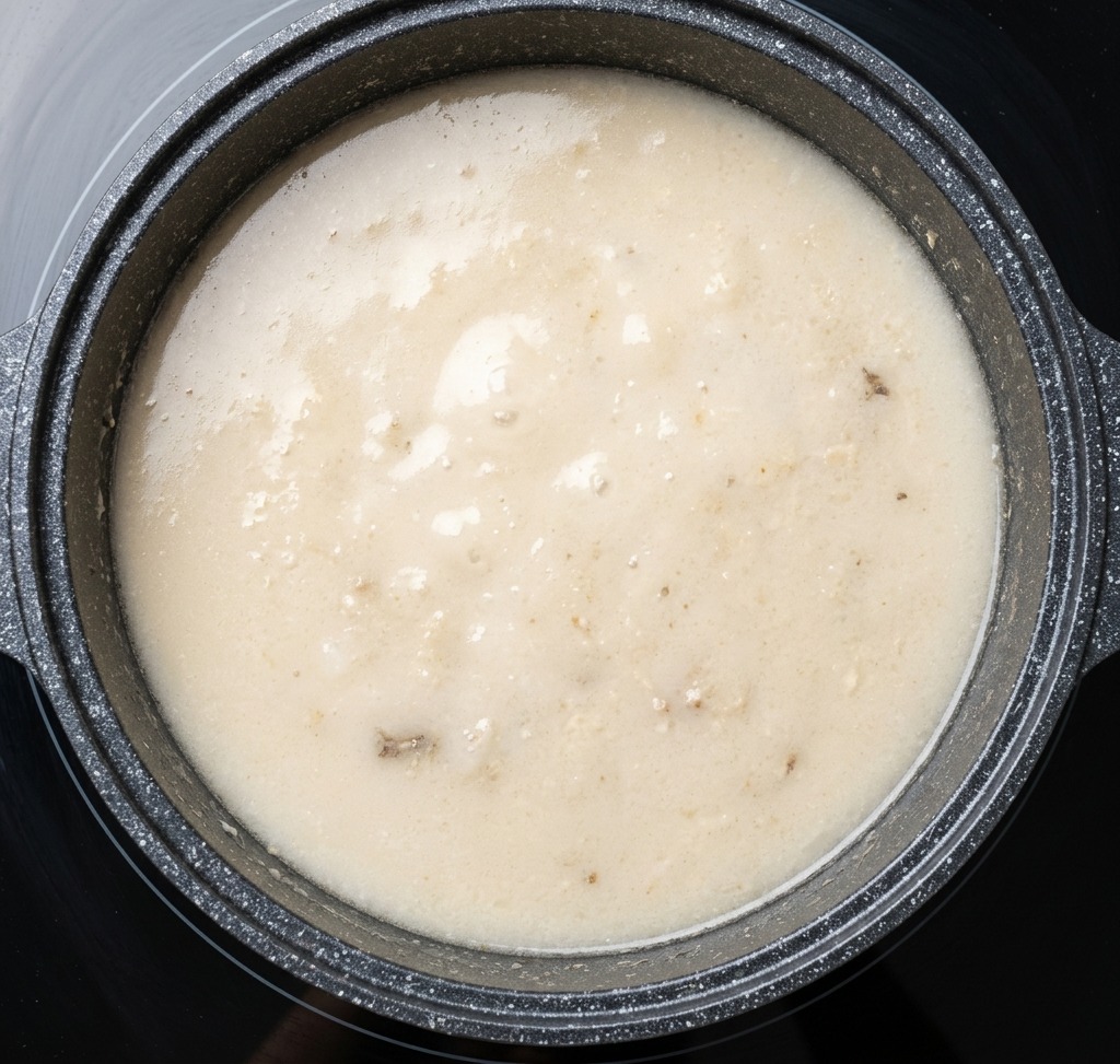 A top-down view of a large black pot on a stove filled with a bubbling, opaque, milky-white pork bone broth.