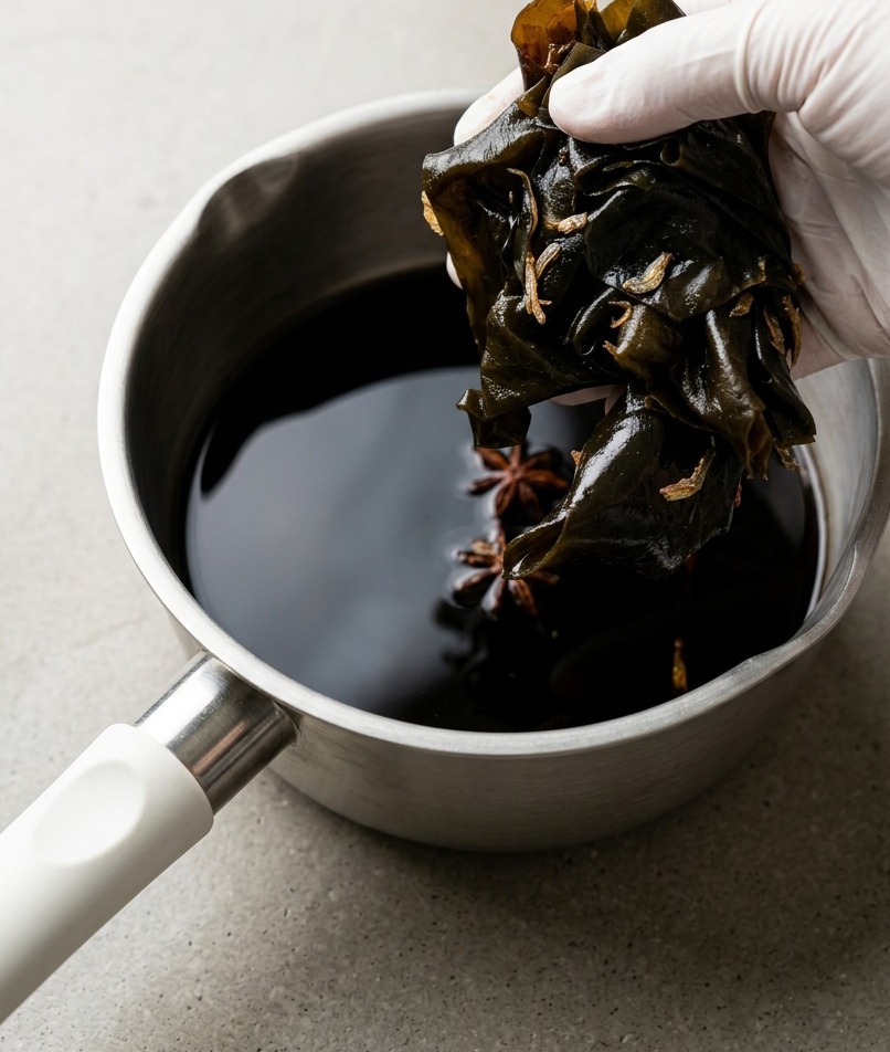 A gloved hand lifting a bundle of soaked kombu from a stainless steel pot containing a dark soy-based marinade with visible star anise.