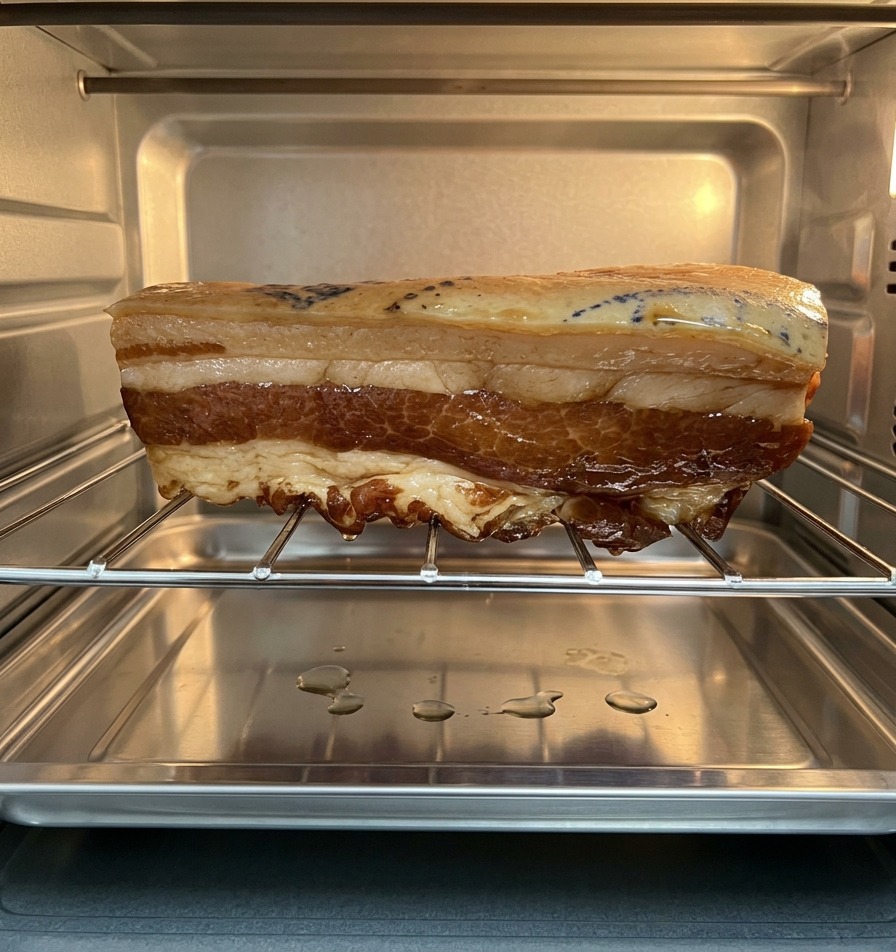 A large slab of marinated pork belly roasting on a metal wire rack inside a stainless steel oven, with fat dripping into the tray below.