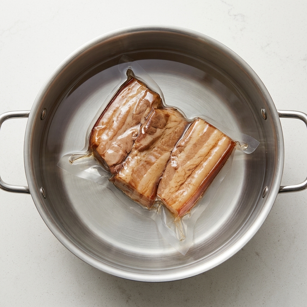 Vacuum-sealed plastic bags containing marinated pork belly slabs submerged in a stainless steel pot of water for sous-vide cooking.
