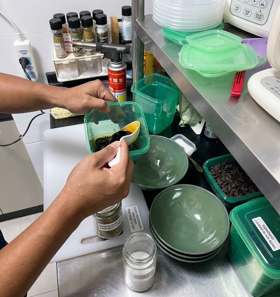 A person using a small white ladle to add dark soy seasoning into green ceramic bowls on a stainless steel counter.
