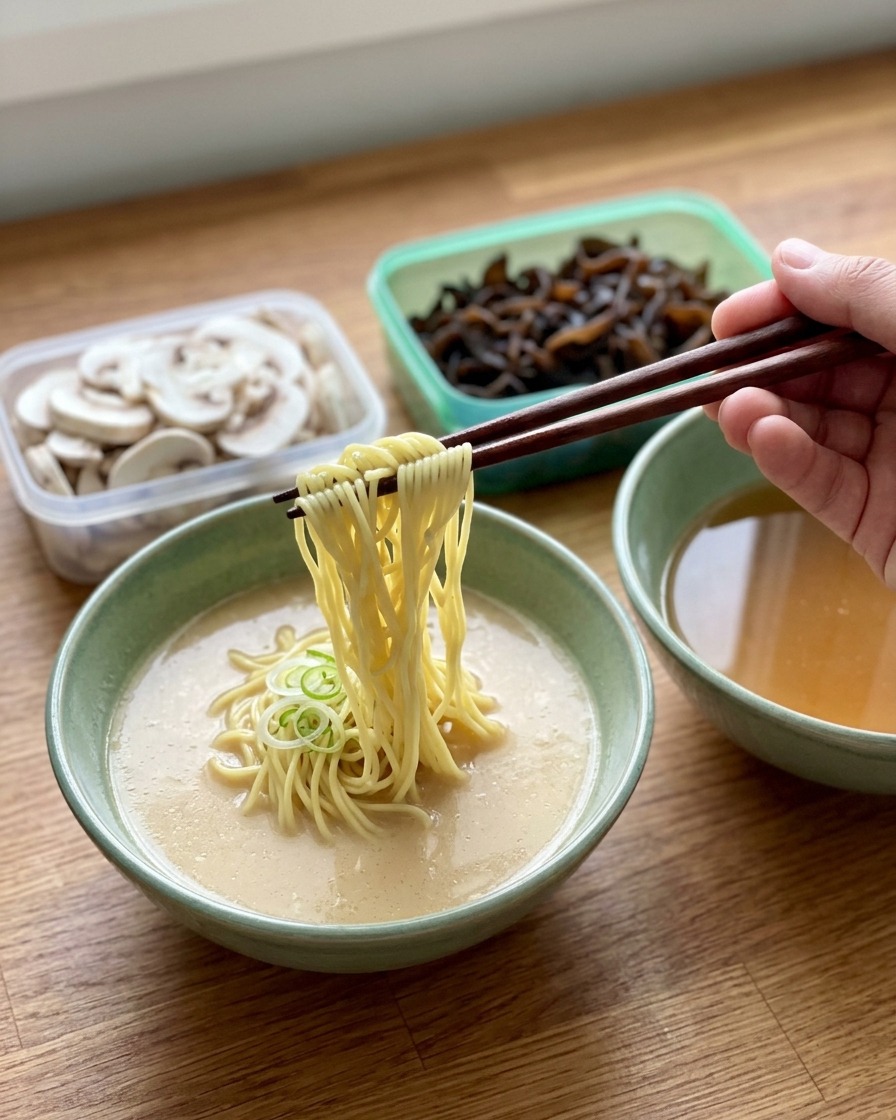 A person using dark wood chopsticks to lift thin noodles from a light-colored creamy broth in a green ceramic bowl.