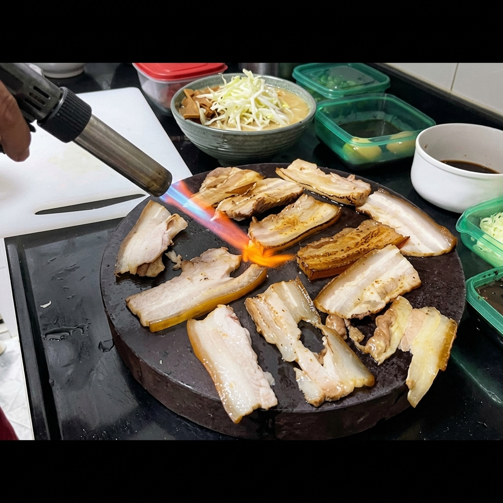 A kitchen torch searing slices of cooked pork belly on a dark stone plate, with bowls of shredded scallions and sauce visible in the background.