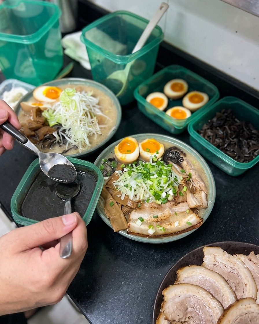 A person using a silver spoon to drizzle dark black garlic oil onto a fully assembled bowl of ramen topped with pork, egg, and onions.