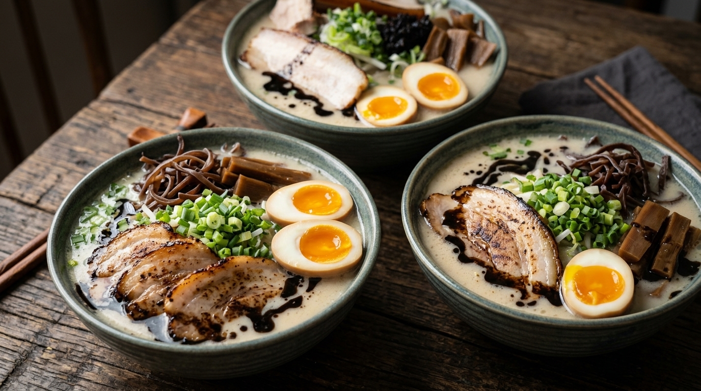 Three bowls of Hakata Tonkotsu Ramen with seared chashu, jammy eggs, and a drizzle of aromatic black garlic oil