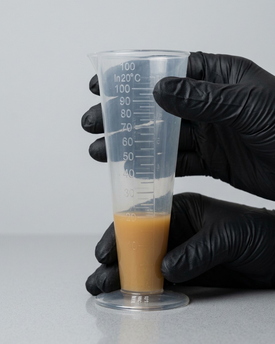Gloved hands holding a clear measuring cup filled with a brown liquid seasoning base.