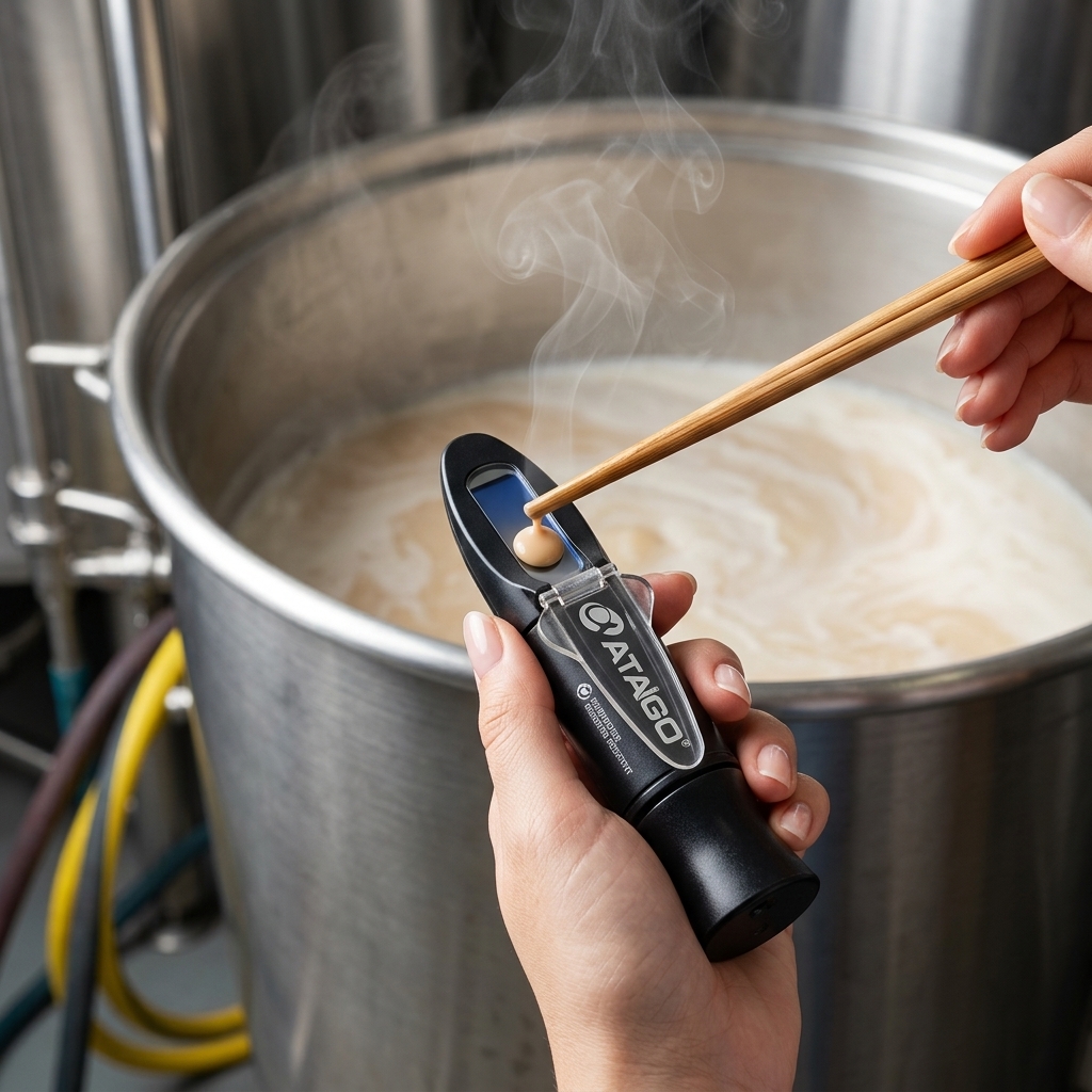 A person using chopsticks to place a drop of creamy tan ramen broth onto the blue lens of an Atago refractometer over a steaming pot.