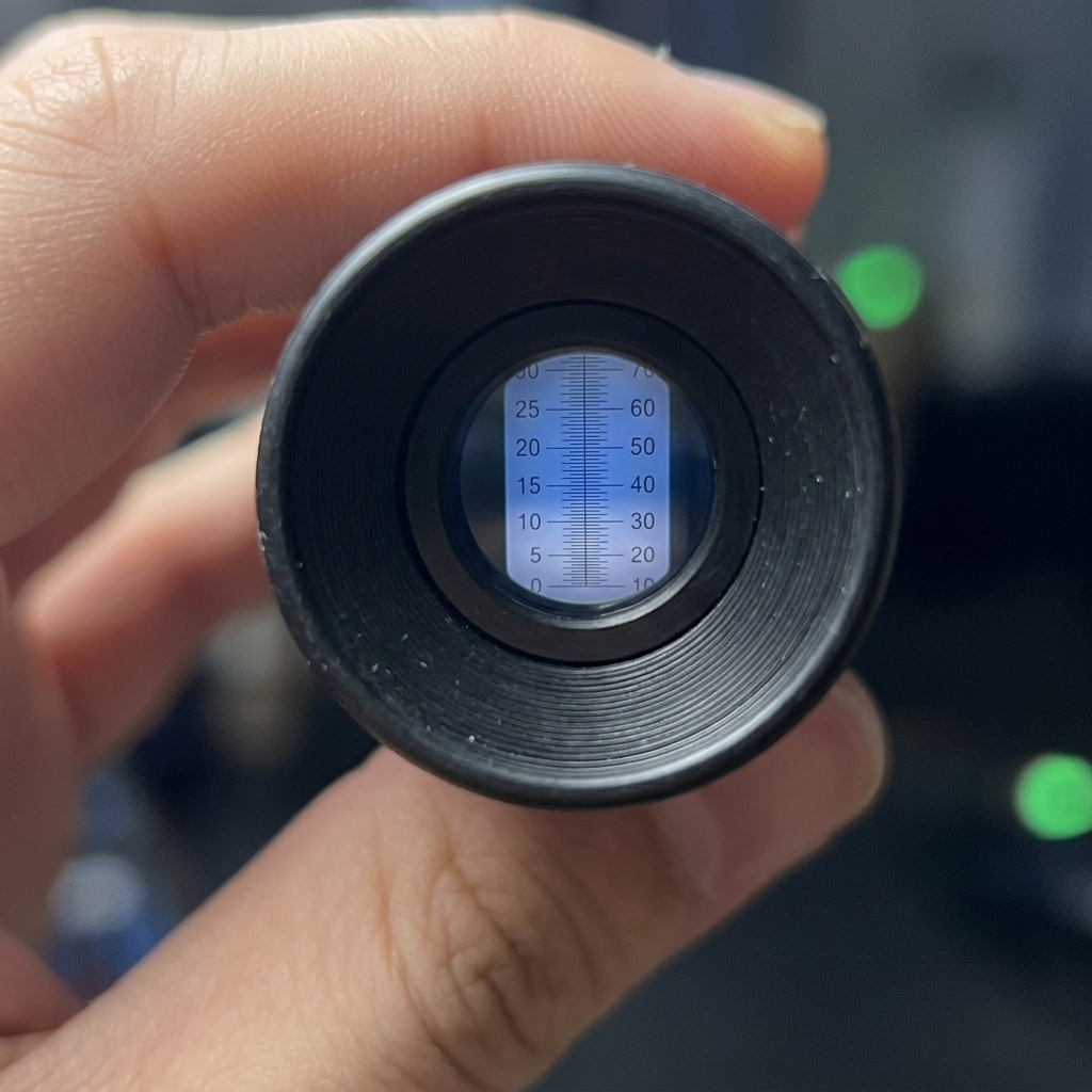 A circular view through a refractometer lens showing a blue and white scale with the horizon line resting exactly on the number 5.
