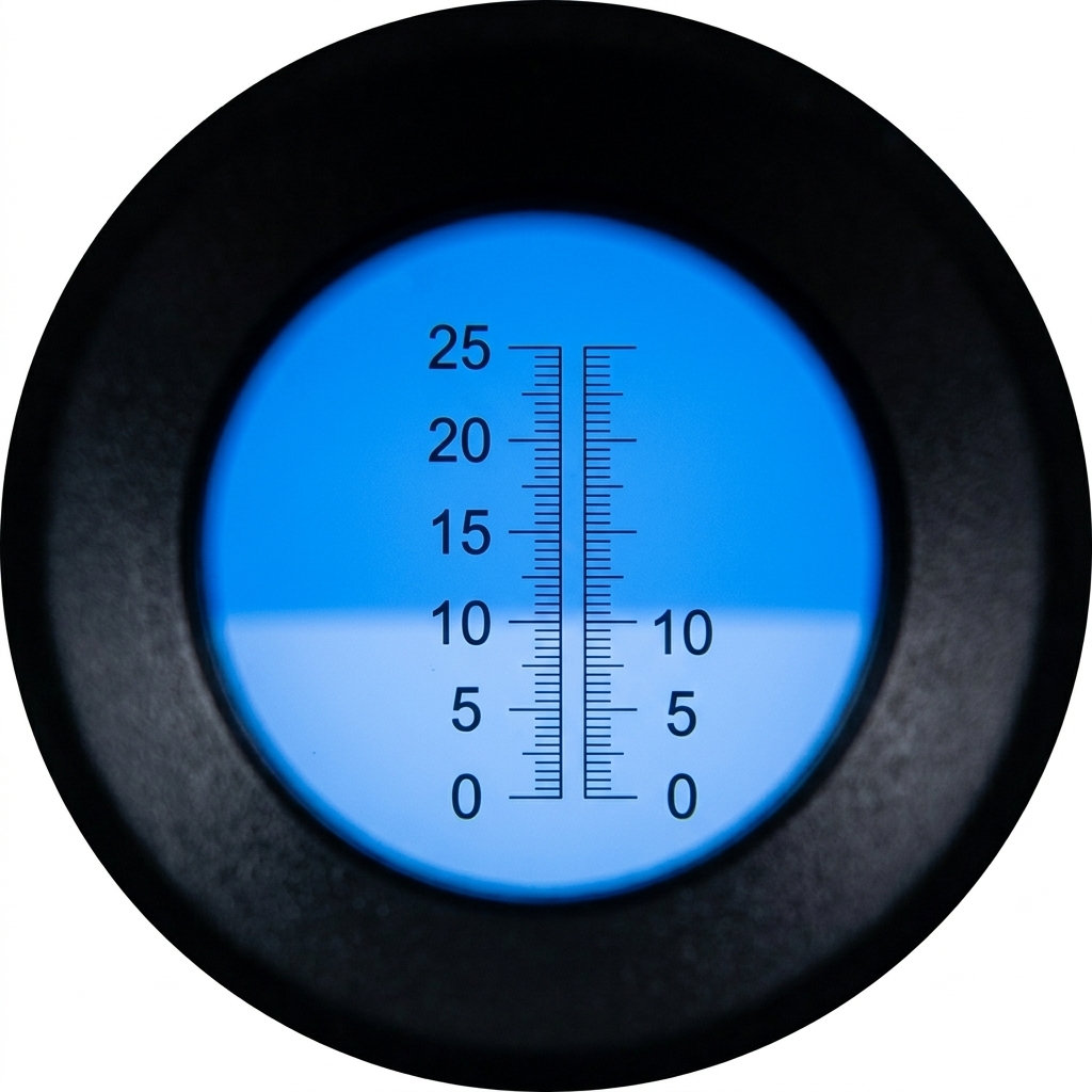 A close-up view through a refractometer lens showing a blue and white scale with the boundary line resting exactly on the number 8.