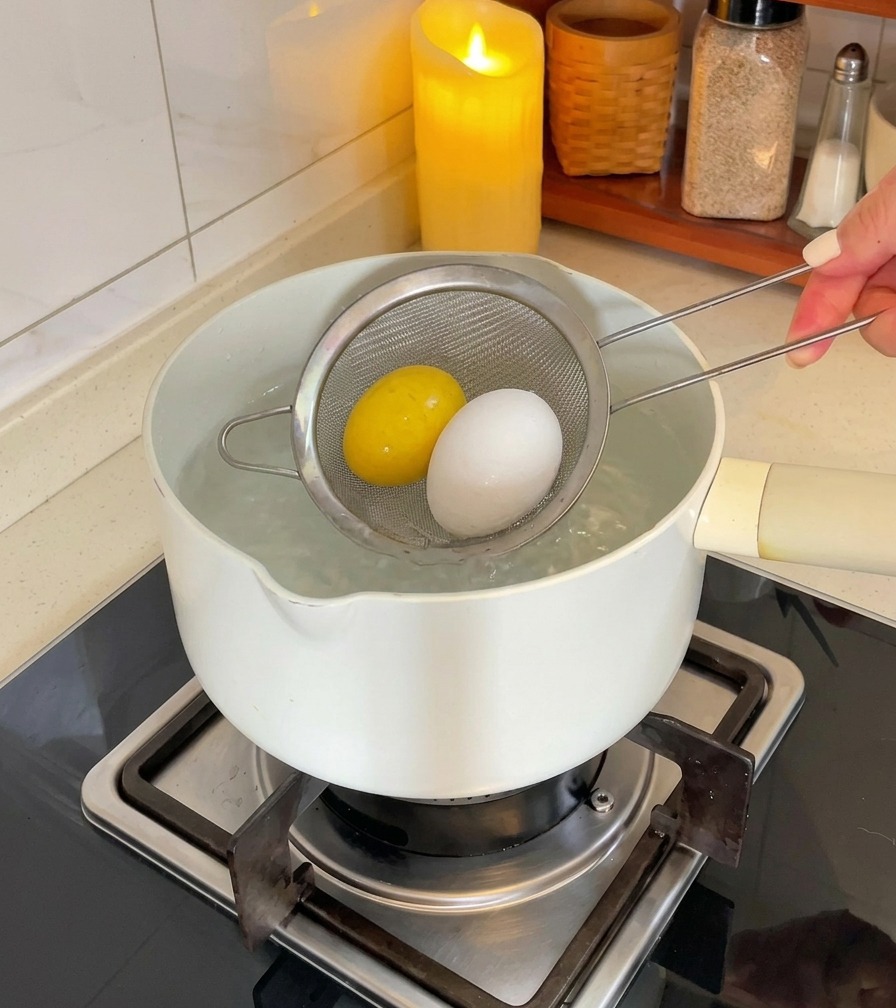 A person using a small wire strainer to place one white and one brown egg into a white pot of boiling water on a kitchen stove.