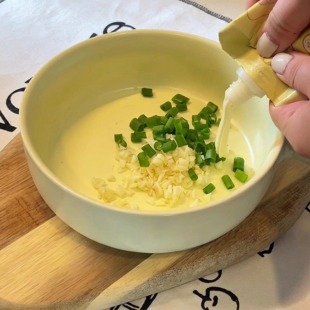 A hand squeezing a stream of white mayonnaise from a yellow plastic tube into a bowl containing garlic and scallions.