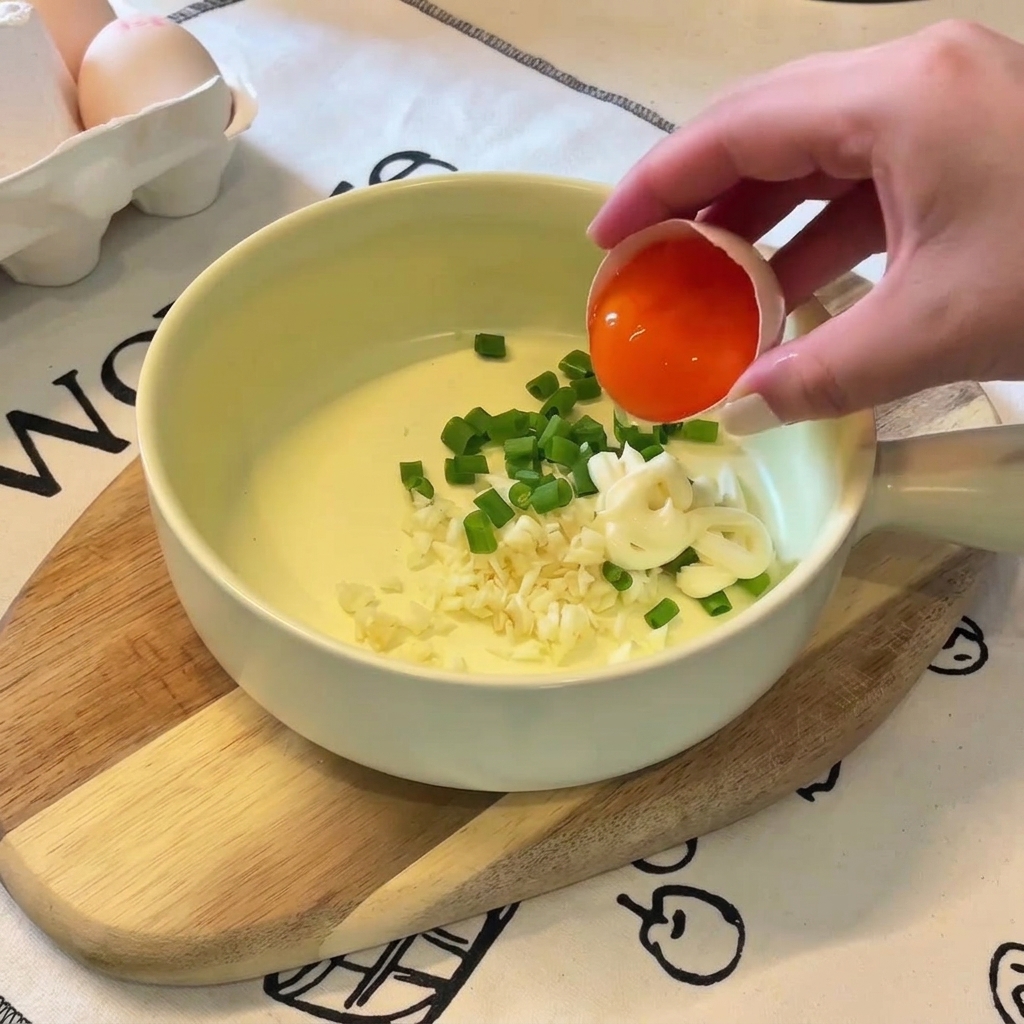A hand holding an eggshell and dropping a bright orange raw egg yolk into a bowl with chopped garlic and green onions.