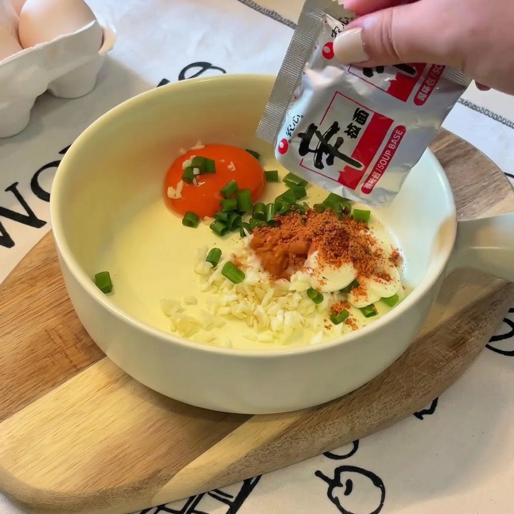 A hand pouring orange-red seasoning powder from a silver and red ramen spice packet into a bowl containing an egg yolk, mayo, and green onions.