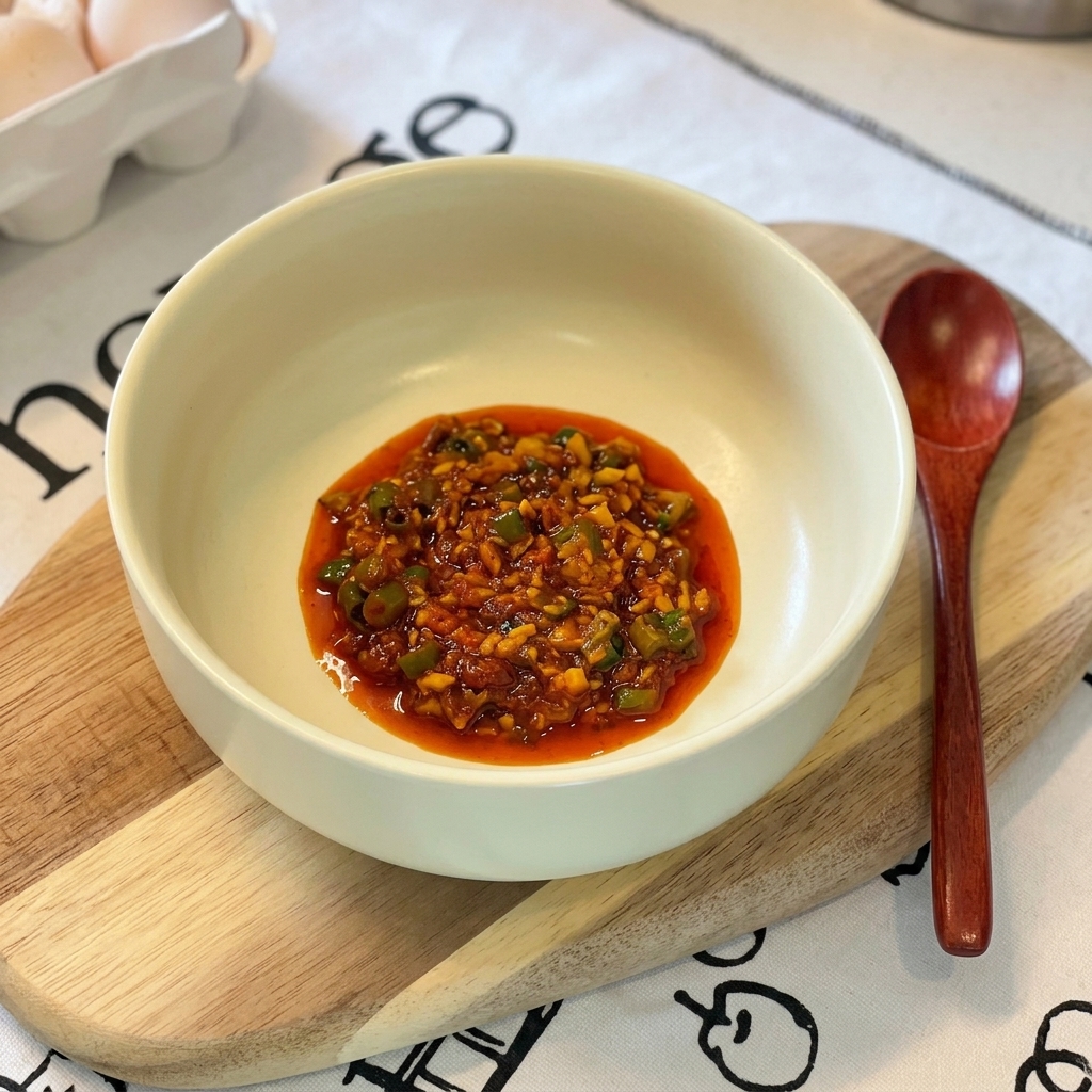 A thick, vibrant orange seasoning paste sitting in the center of a light yellow bowl on a wooden cutting board.