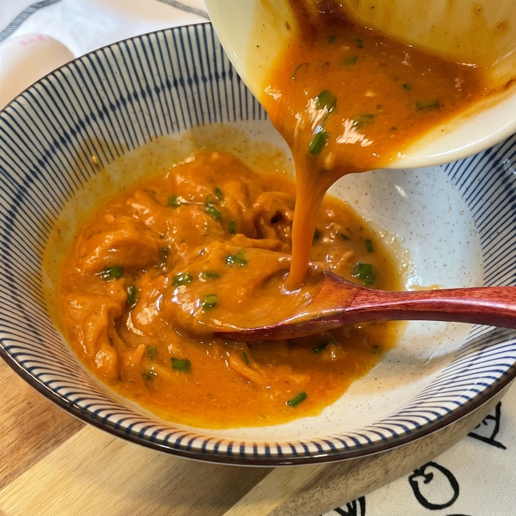 Creamy orange ramen soup being poured from a small bowl into a larger blue and white striped ceramic ramen bowl.