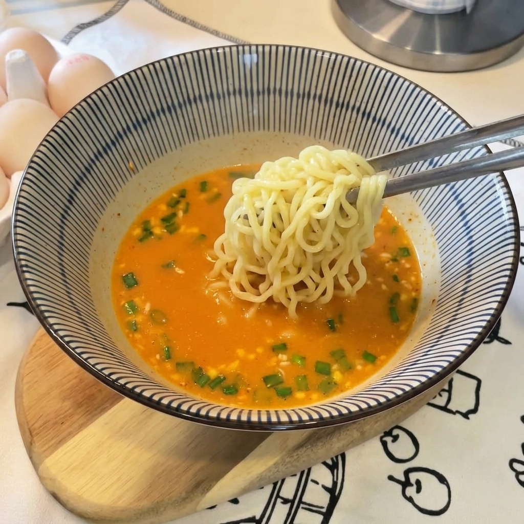 Metal tongs holding a bunch of cooked, wavy yellow noodles over a bowl of orange broth with chopped green onions.