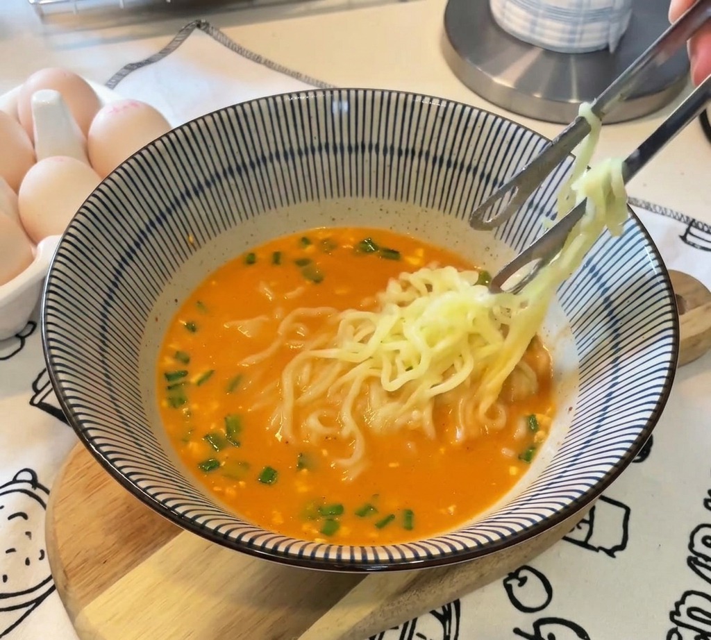 A pair of chopsticks placing a perfectly soft-boiled egg half with a runny orange yolk onto a bowl of steaming ramen.
