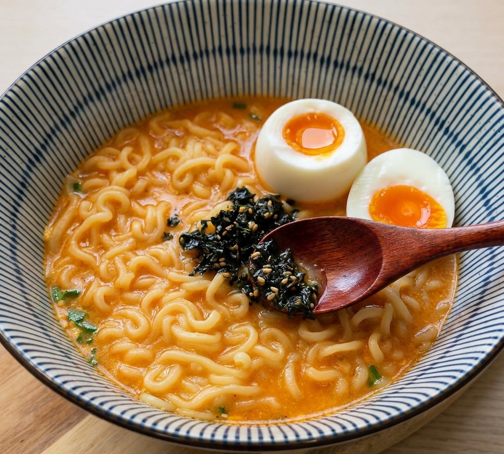 A wooden spoon resting in a bowl of ramen filled with noodles, broth, and soft-boiled eggs, with dried seaweed and sesame seeds being added to the center.