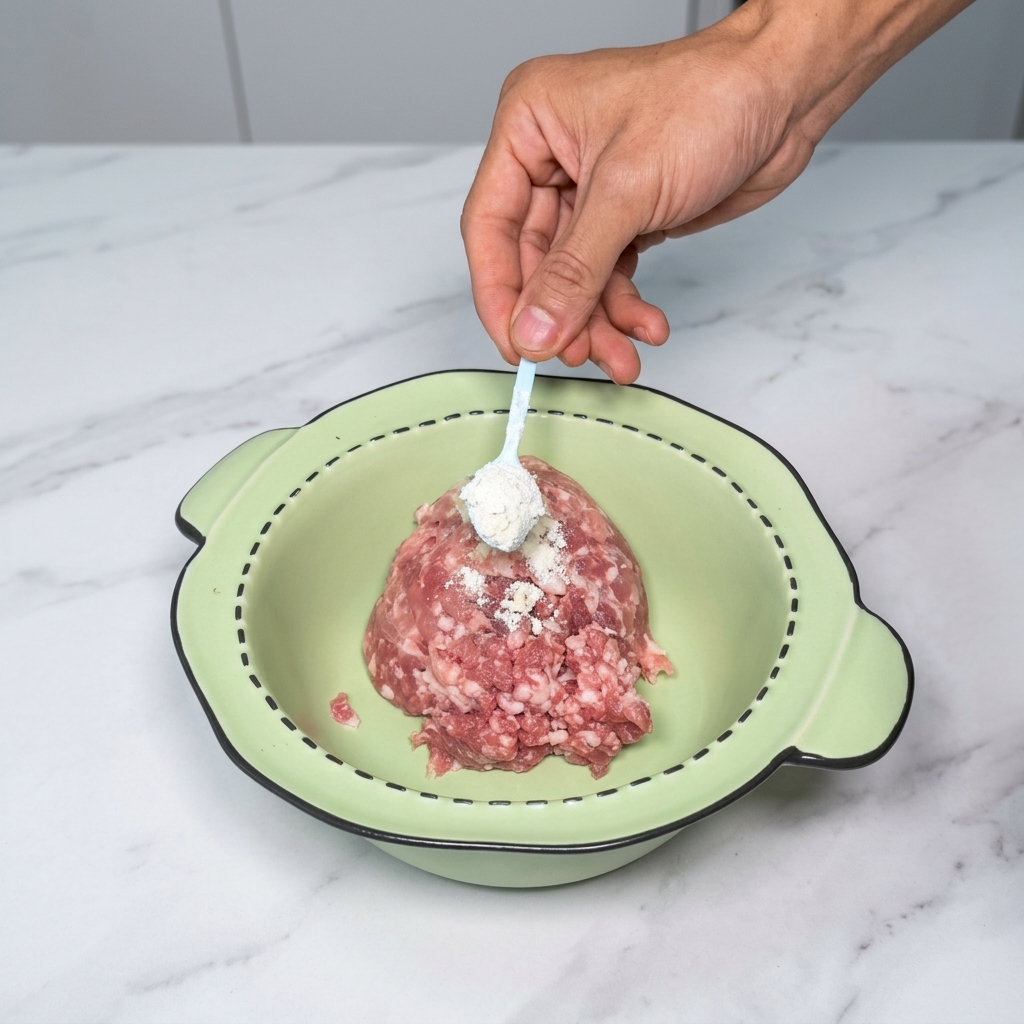 A mound of raw ground meat in a light green ceramic bowl as a hand uses a small light blue spoon to add white seasoning powder.