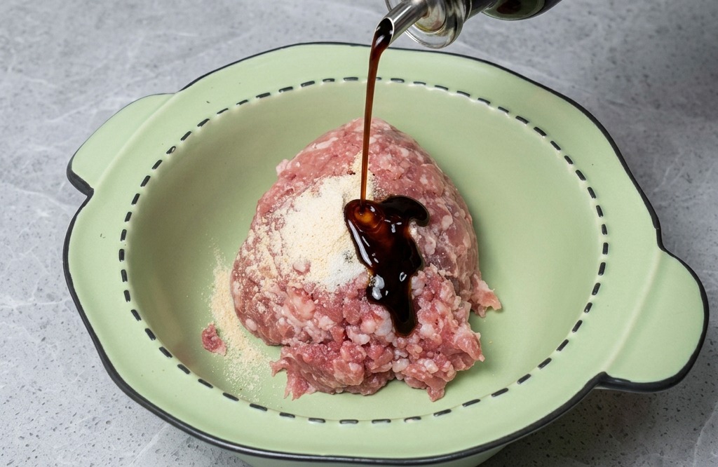 A hand pouring dark oyster sauce from a clear glass bottle onto a mound of raw ground meat topped with white seasoning powder.