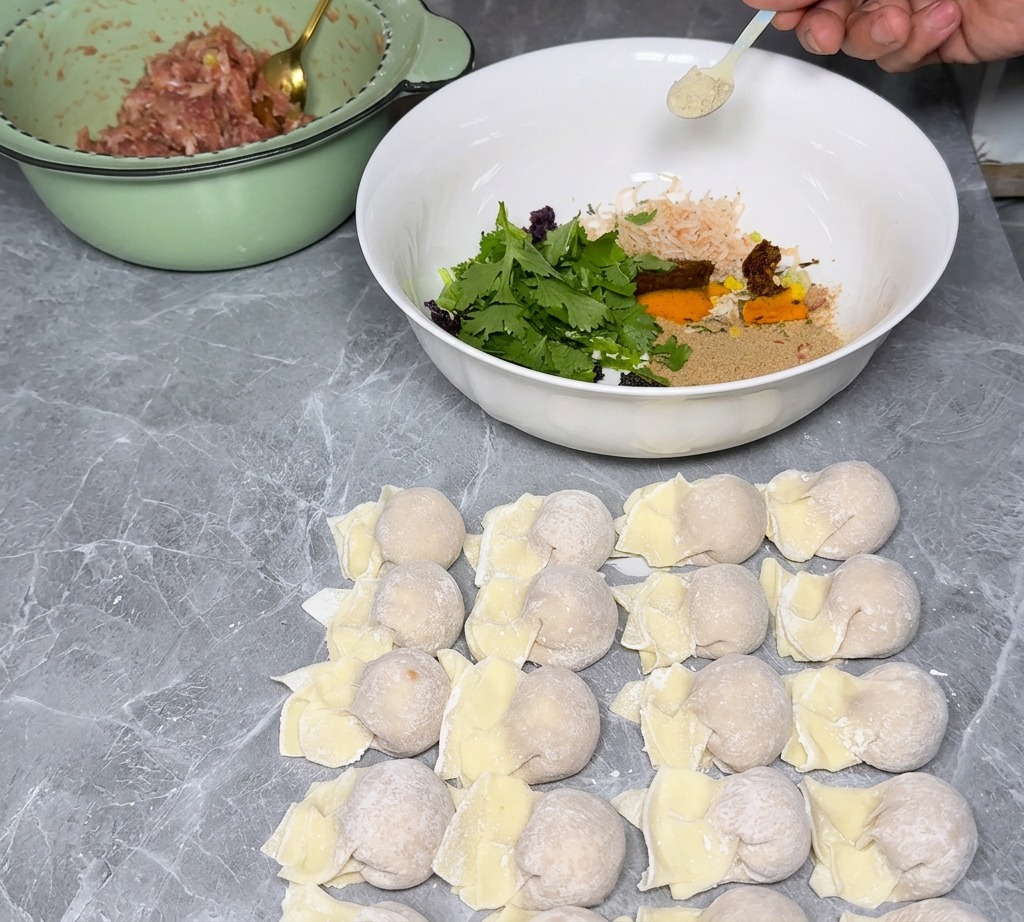 A hand using a small spoon to sprinkle white pepper into a bowl already containing fresh green cilantro and other seasonings.
