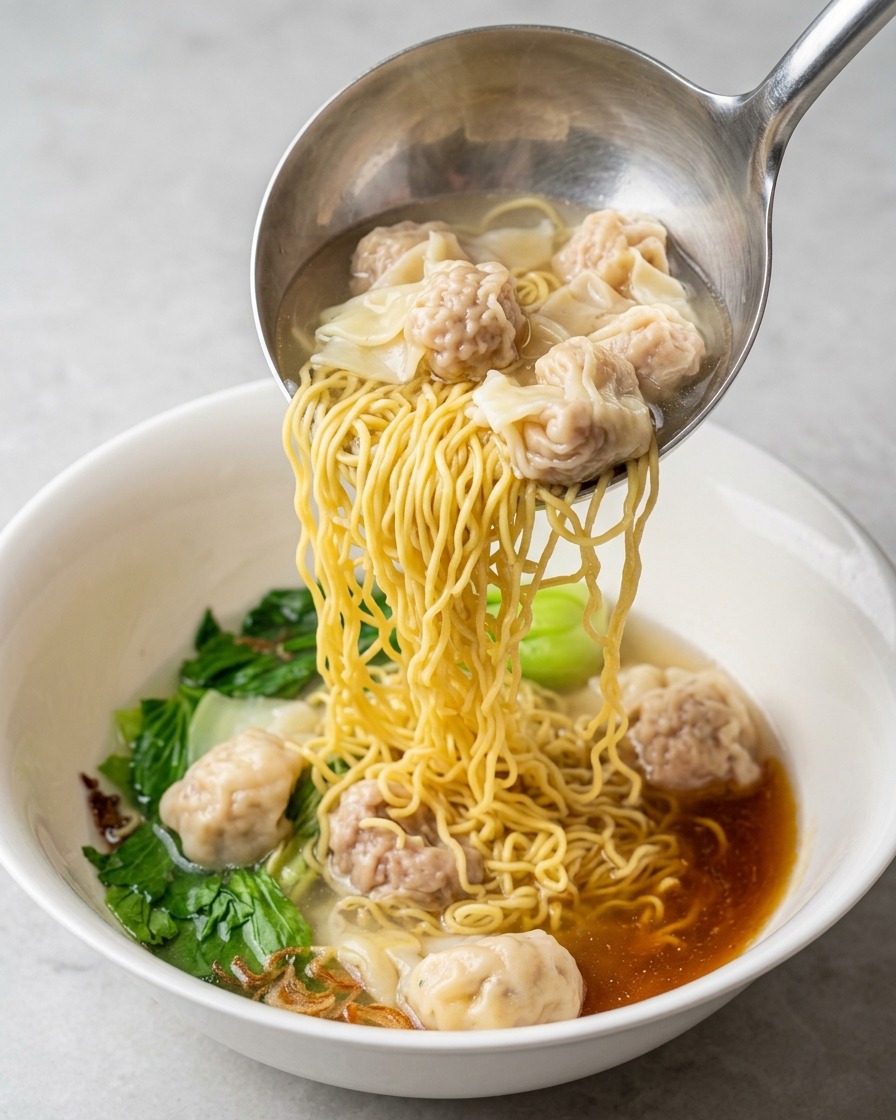 A metal ladle pouring yellow noodles and wontons into a white serving bowl containing a dark seasoning base.