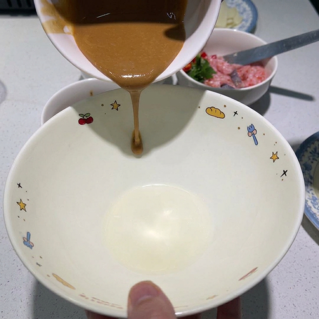 Creamy brown sesame sauce being poured from a small bowl into a larger white bowl decorated with small food illustrations.