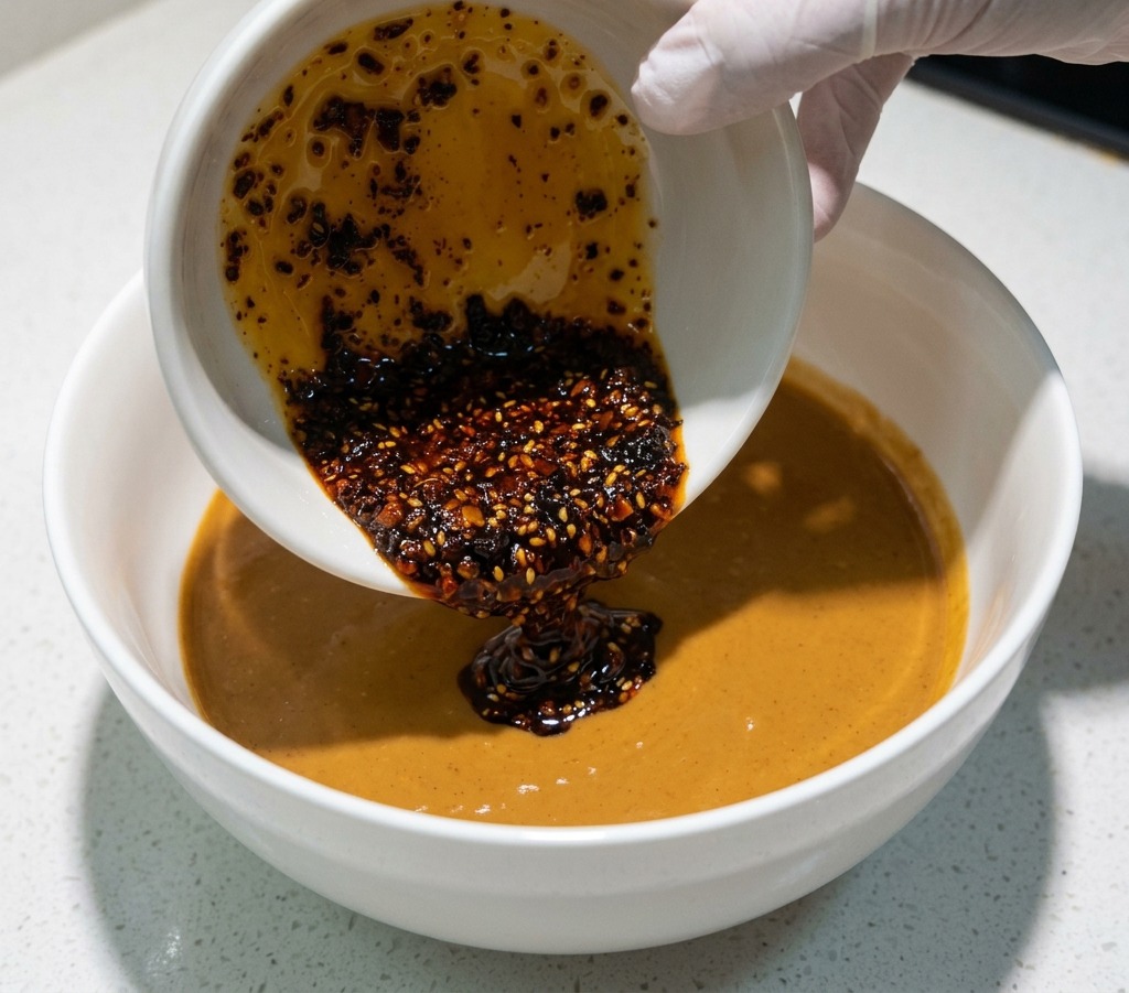 A gloved hand pouring dark red chili oil from a small dish into a larger white bowl filled with thick brown sesame sauce.
