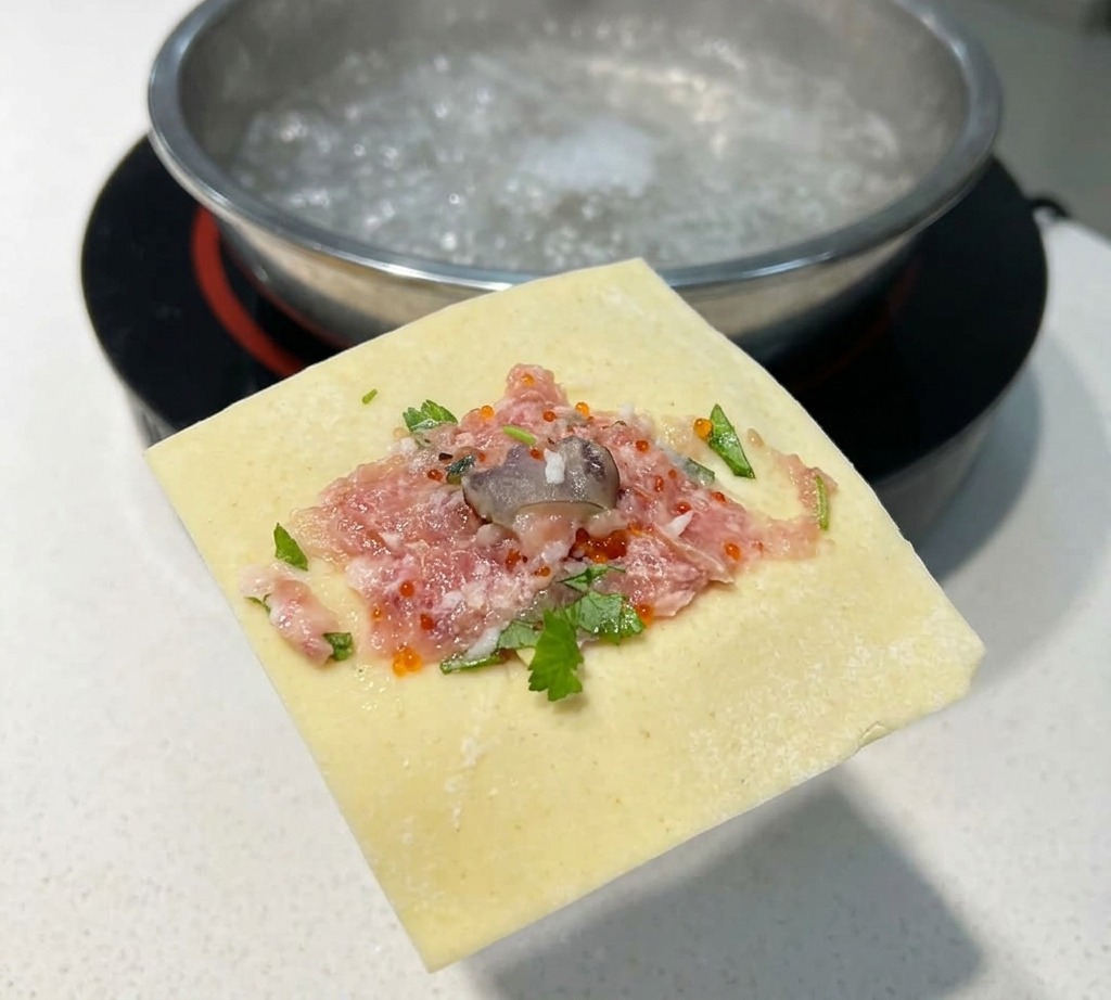 A square yellow wonton skin held up, topped with a mound of pink meat filling, green herbs, and a single whole shrimp.