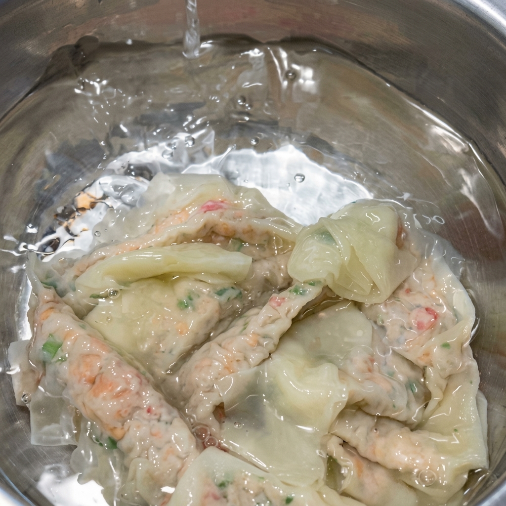 Cooked translucent long strip wonton noodles submerged in a bowl of clear cold water to set their texture