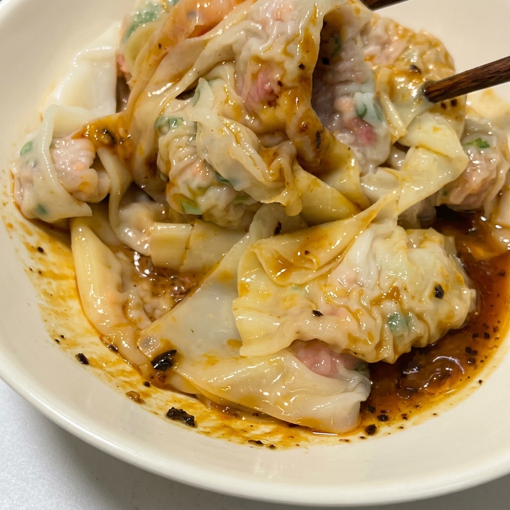 A close-up shot of cooked wonton noodles sitting in a white bowl on top of a dark, flavorful sesame and chili oil sauce.