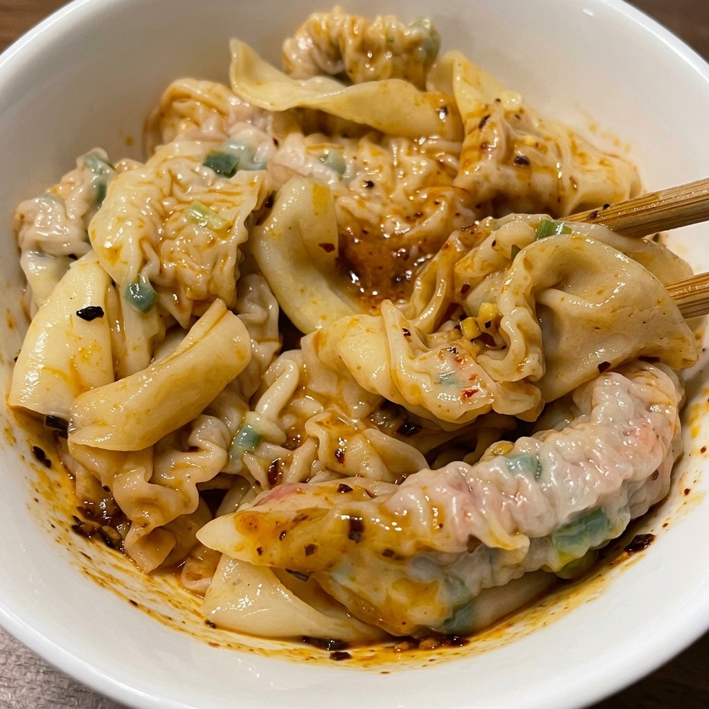 Wooden chopsticks mixing wonton noodles in a bowl, ensuring they are evenly glazed with the thick brown sesame sauce and red chili oil.