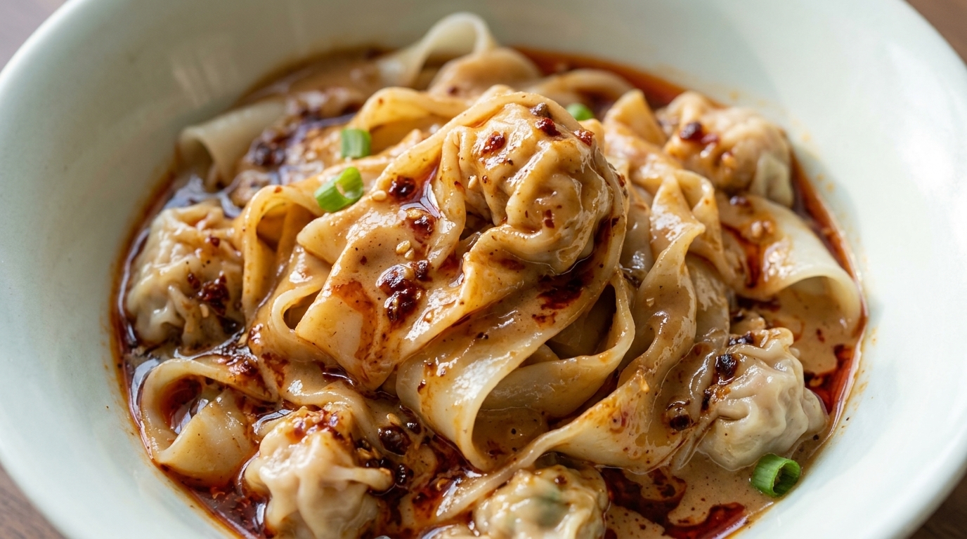 Hand-Pulled Wonton Noodles with Spicy Sesame Sauce