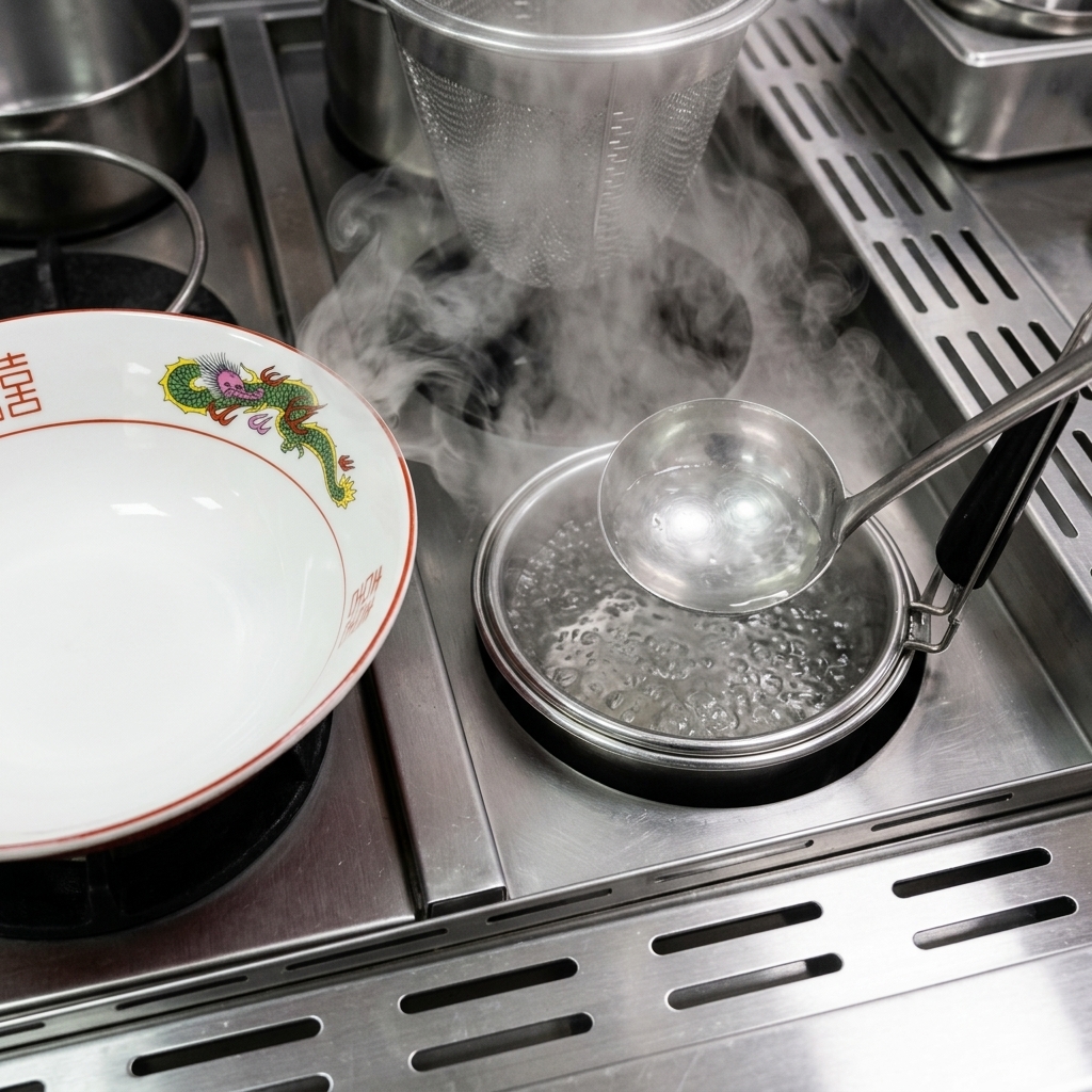 A stainless steel ladle pouring clear hot water into a white ceramic ramen bowl with red dragon motifs, situated on a professional stainless steel kitchen range.