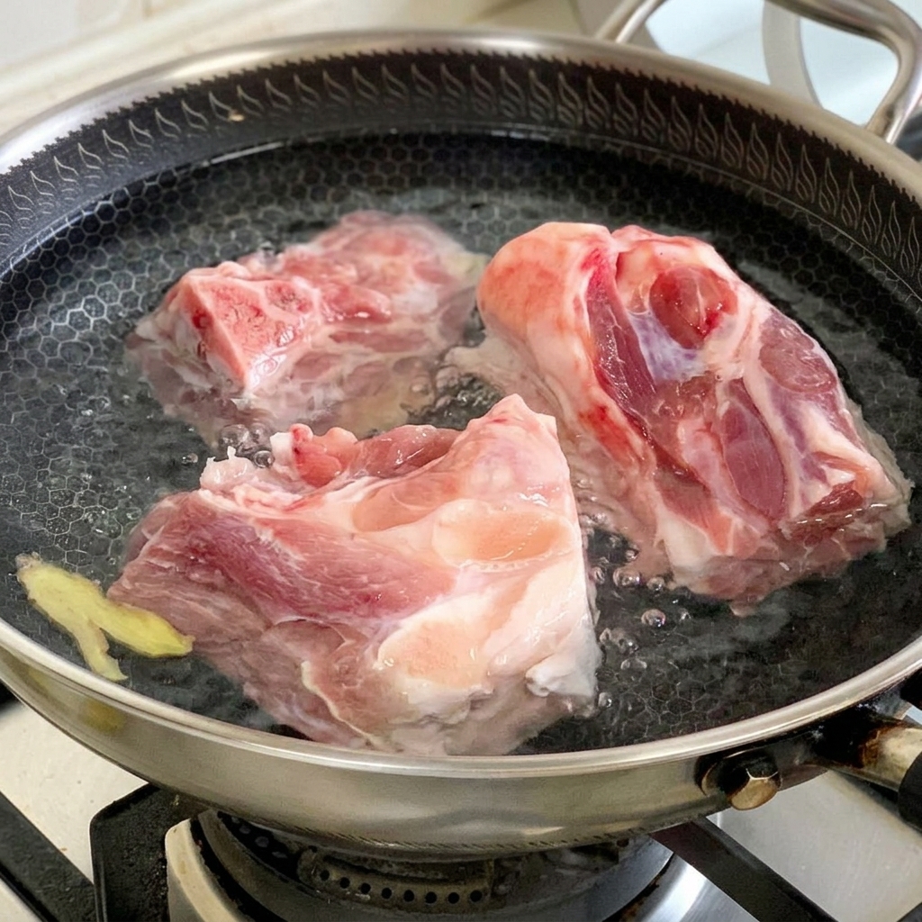 Raw pork bones submerged in a pot of cold water with a slice of ginger and scallions ready for blanching.