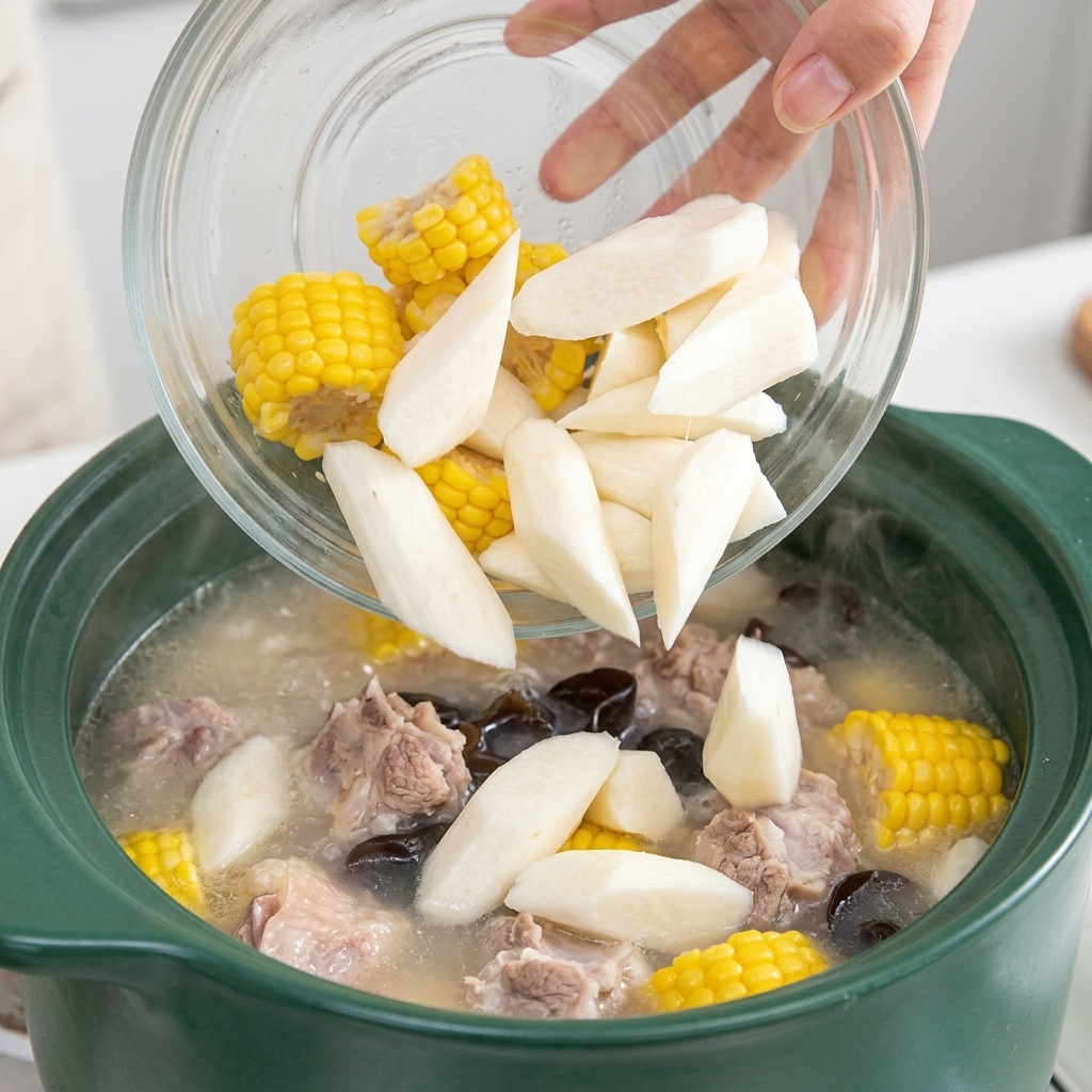 A hand pouring a bowl of corn pieces and sliced yam into a green clay pot with soup and wood ear mushrooms.