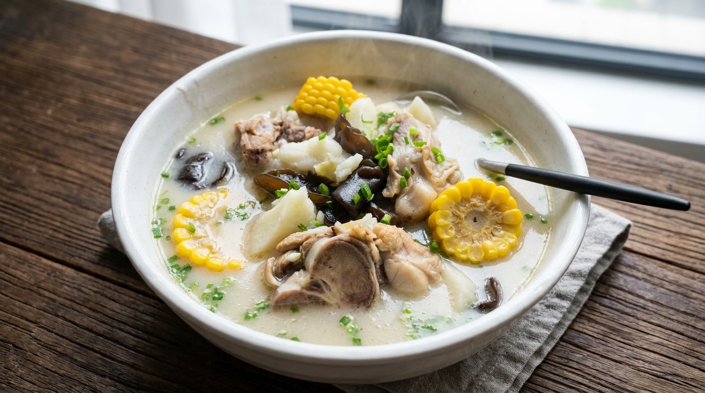 Milky Pork Bone Soup with Sweet Corn and Yam