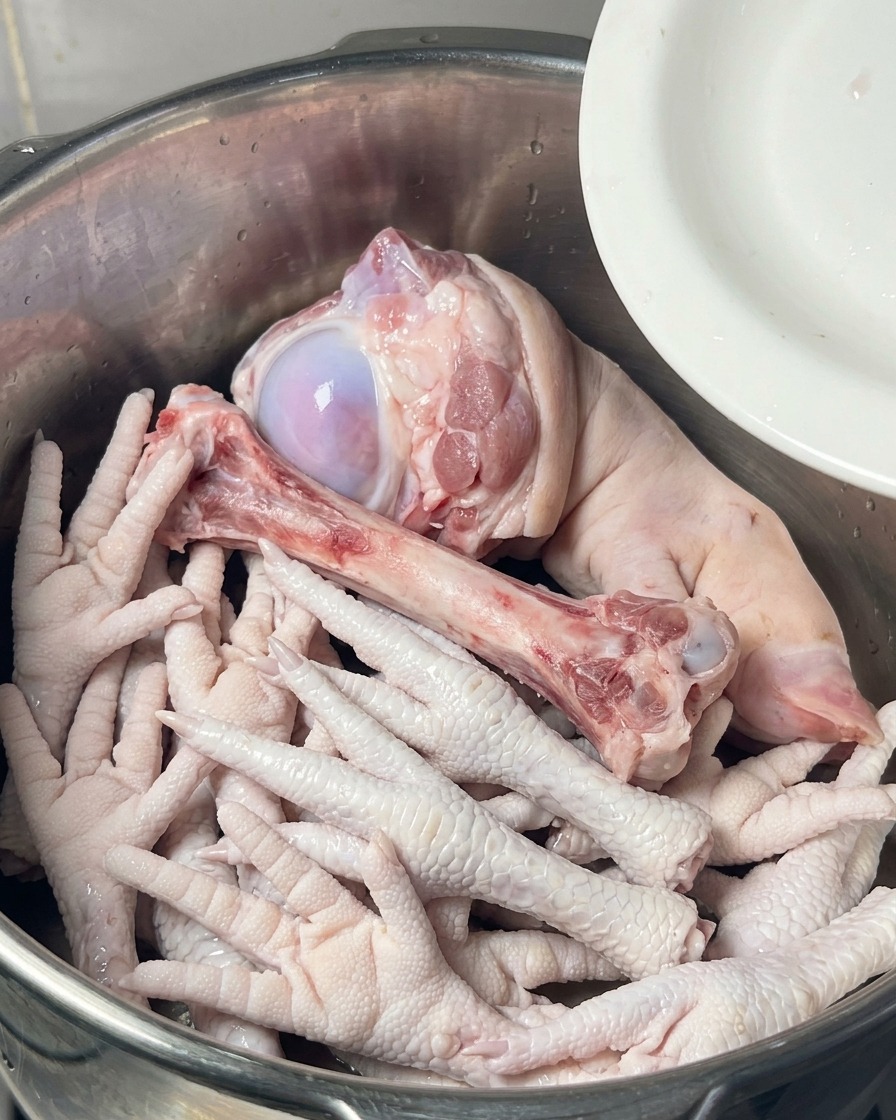 A stainless steel pot filled with raw chicken feet, a large pork marrow bone, and a pigs trotter submerged in water with aromatics.