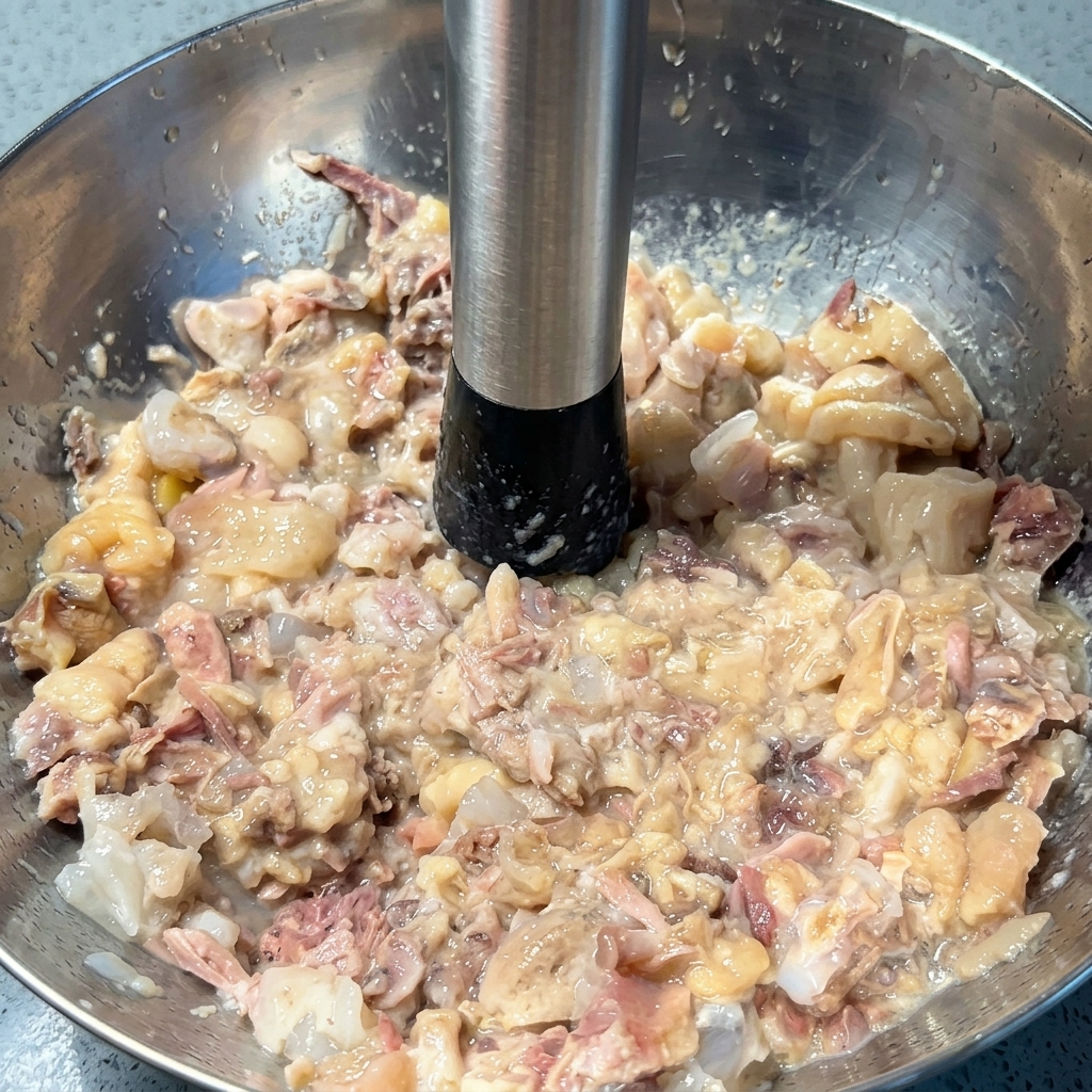 A metal mashing tool pressing down on softened, cooked meat and cartilage in a stainless steel mixing bowl.