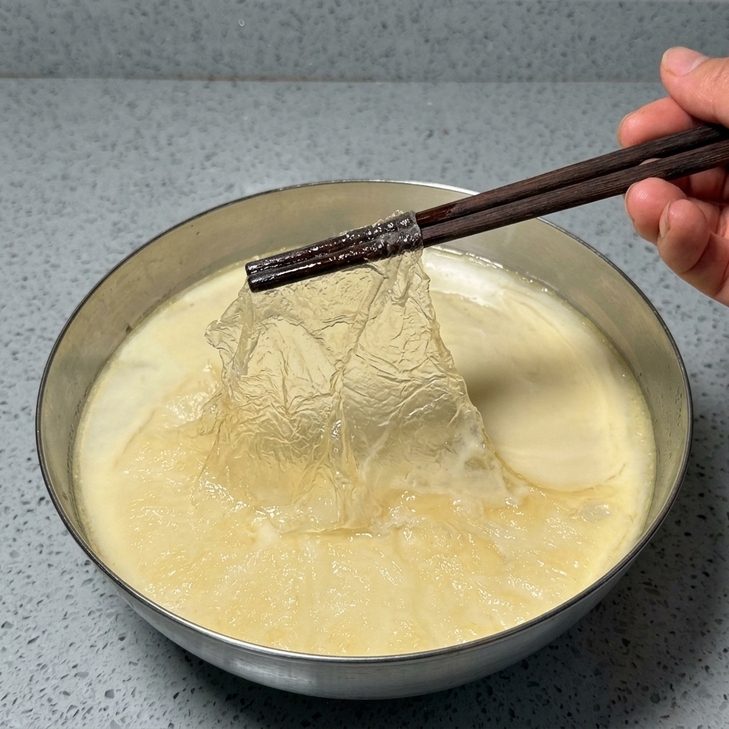 A pair of dark wooden chopsticks lifting a thin, translucent sheet of congealed yellow fat from the surface of a milky white pork broth in a metal bowl