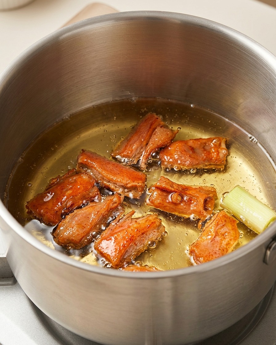 Shrimp heads and a piece of scallion gently frying in a stainless steel pot filled with bubbling soybean oil.
