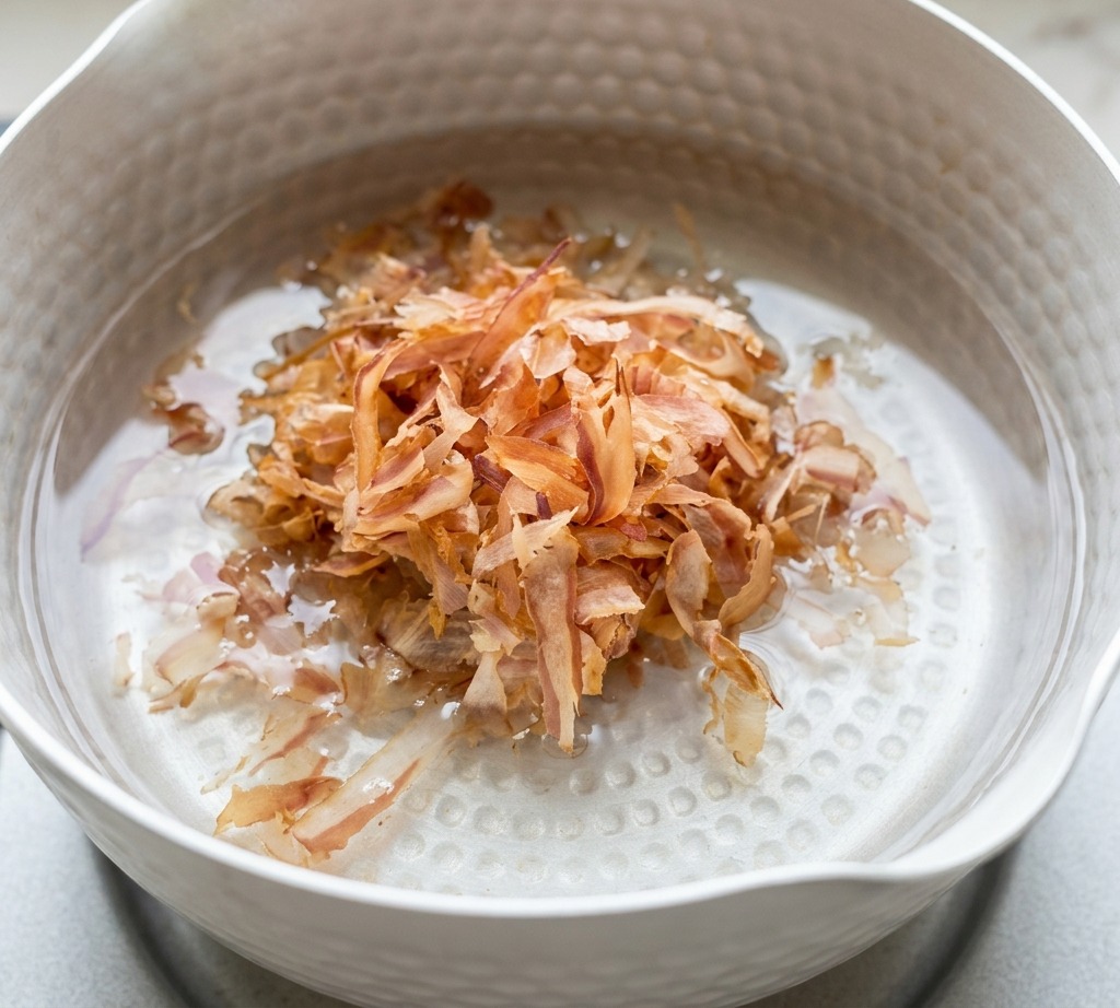 A pile of dried bonito flakes sitting in a pot of cold water, ready to be heated on a stovecite: 60.