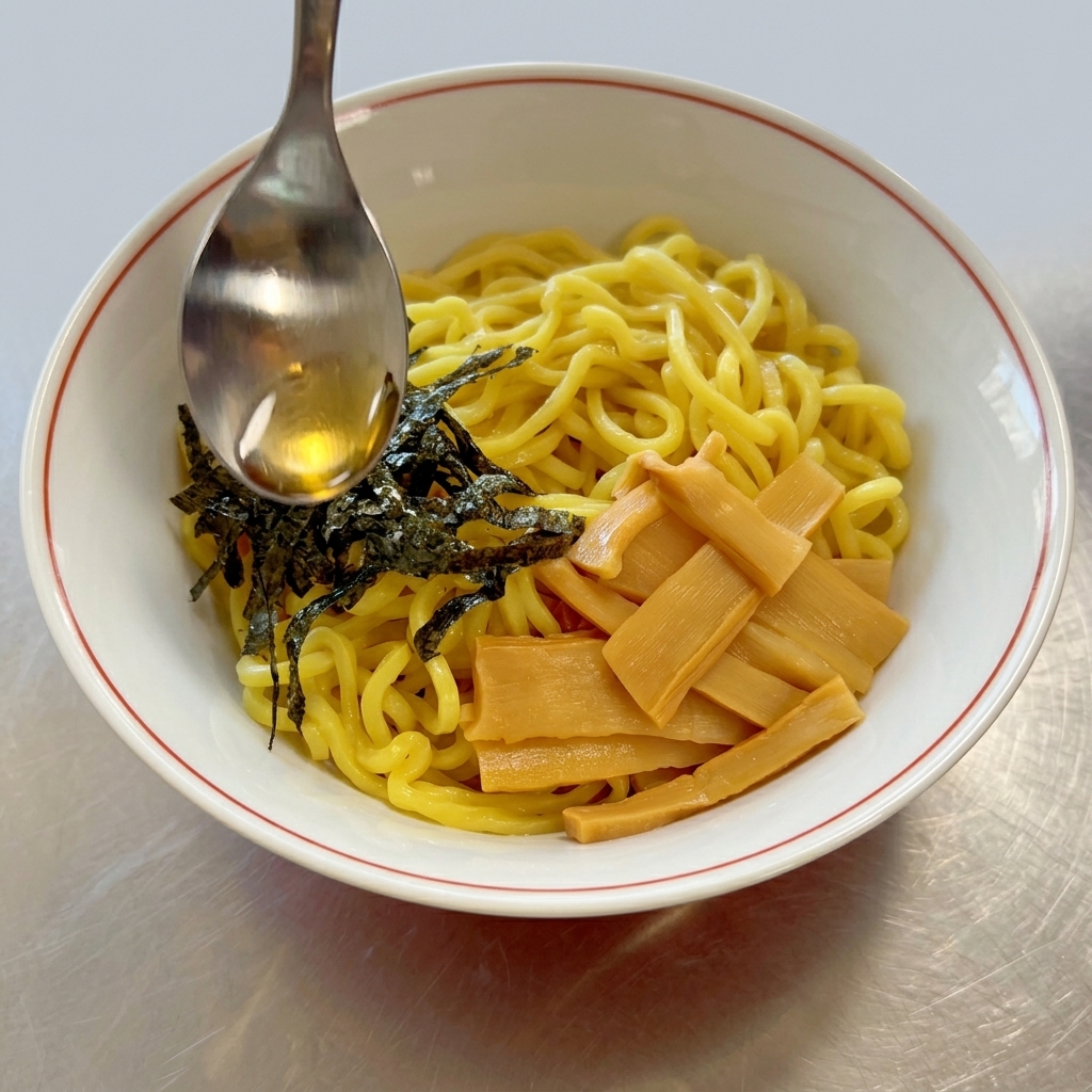 A hand pouring a spoonful of golden, aromatic oil over a bowl of ramen topped with bamboo shoots and shredded seaweed.