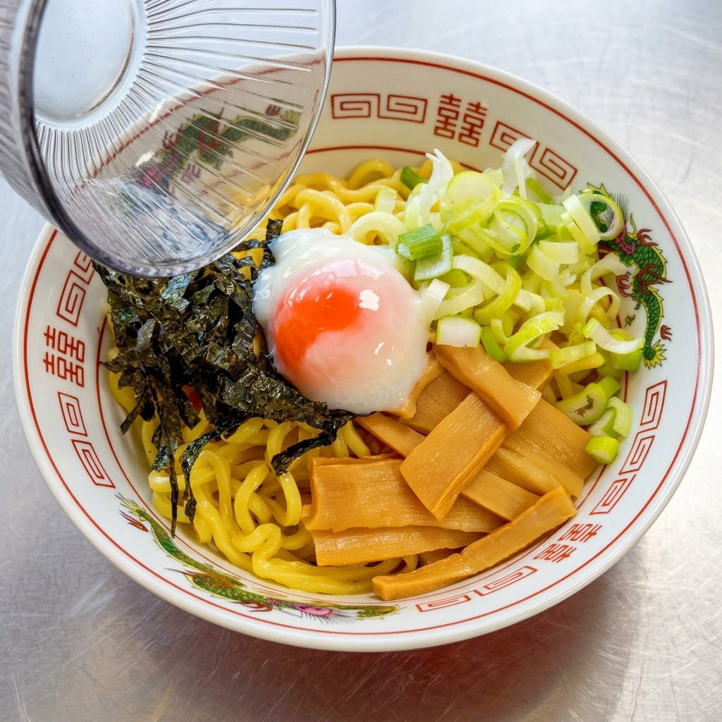 An onsen egg with a bright orange, runny yolk being poured from a glass dish onto the center of a bowl of Abura Soba.