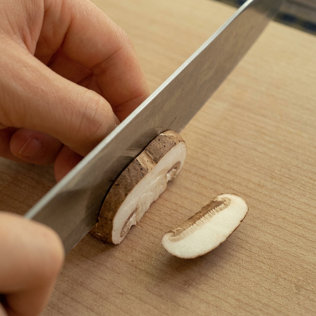 A hand holding a brown shiitake mushroom cap while slicing it into vertical strips on a light wooden board.