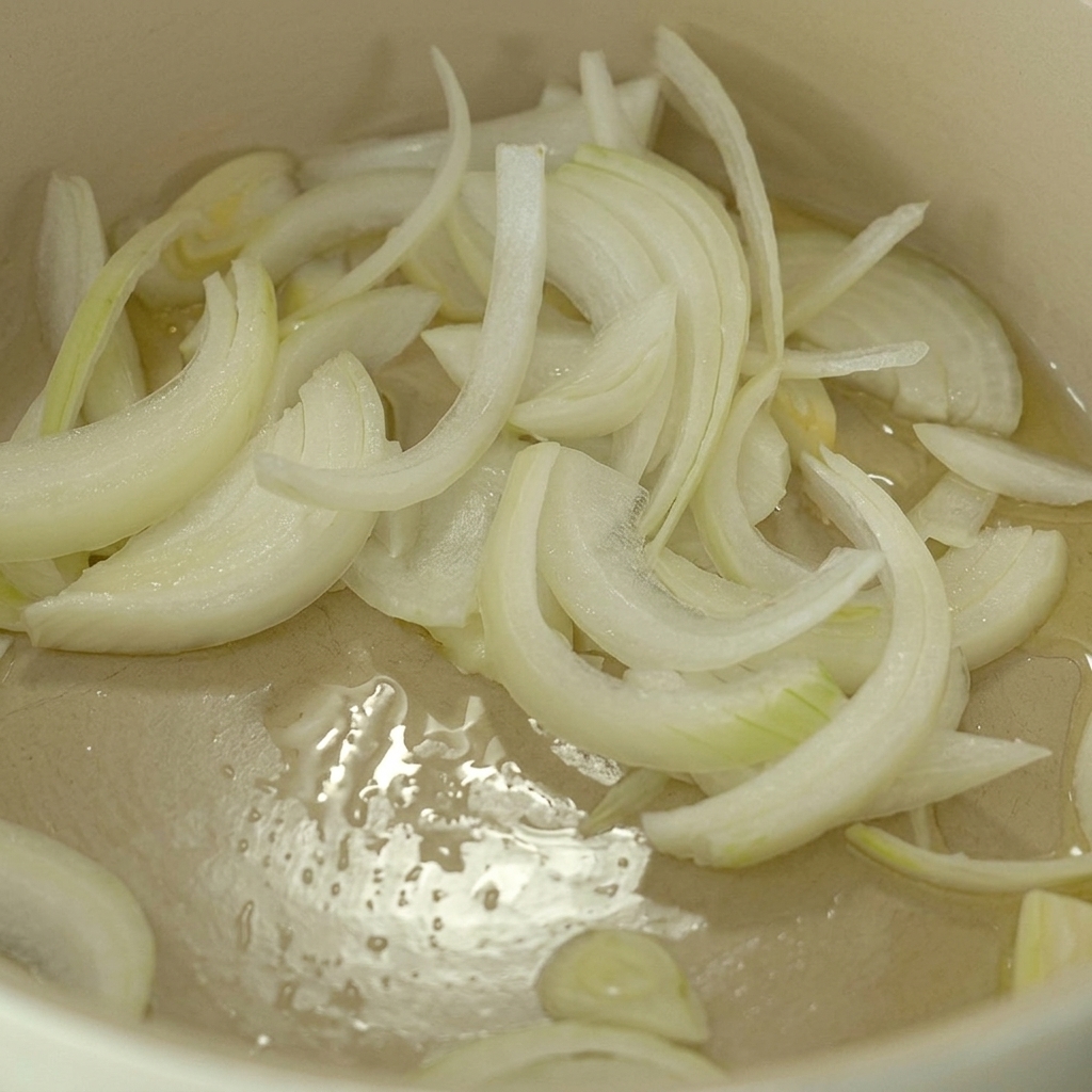 Thinly sliced white onions glistening in a shallow pool of oil at the bottom of a cream-colored ceramic cooking pot.