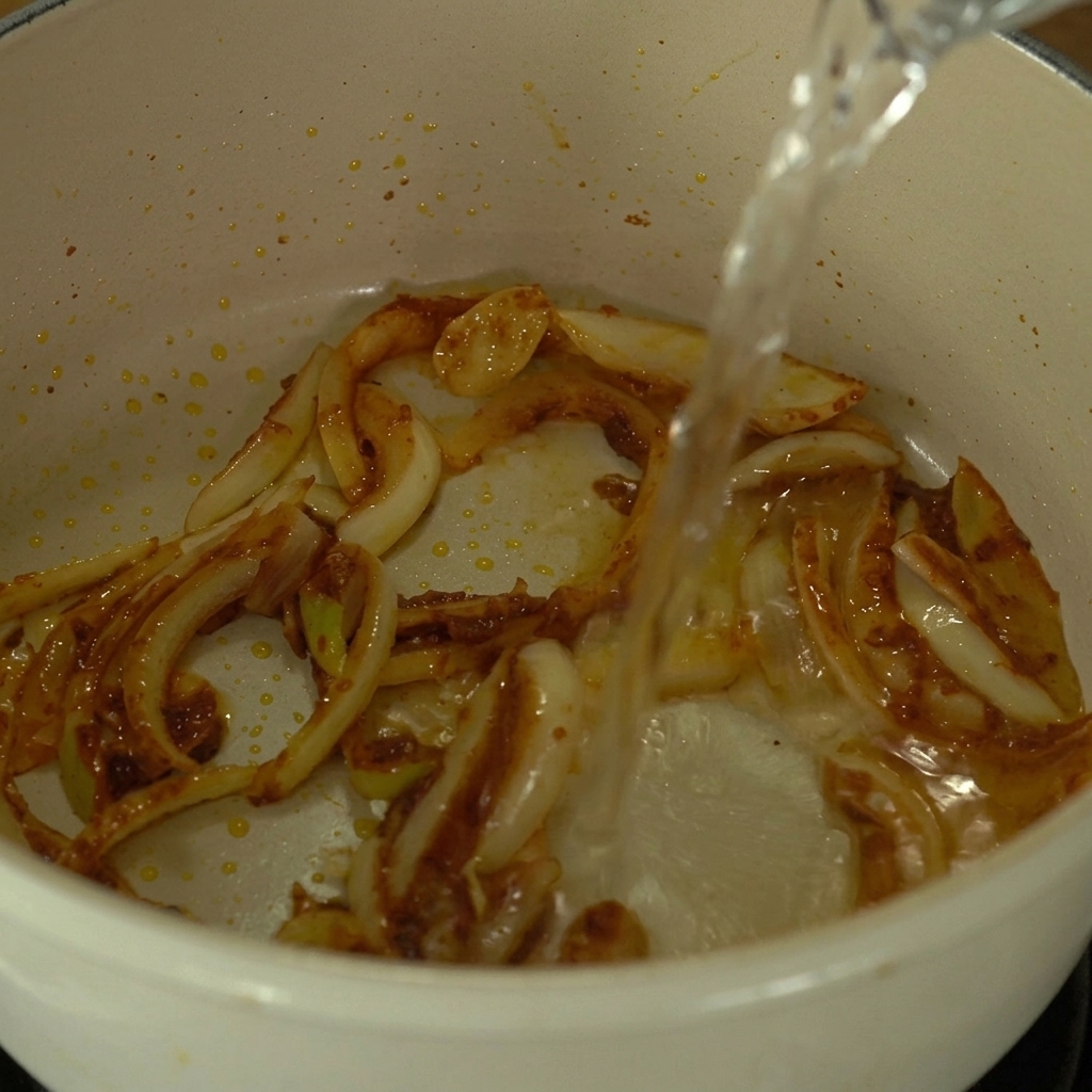 Clear water being poured into a white pot containing sautéed onions and a dark brown soybean paste mixture.