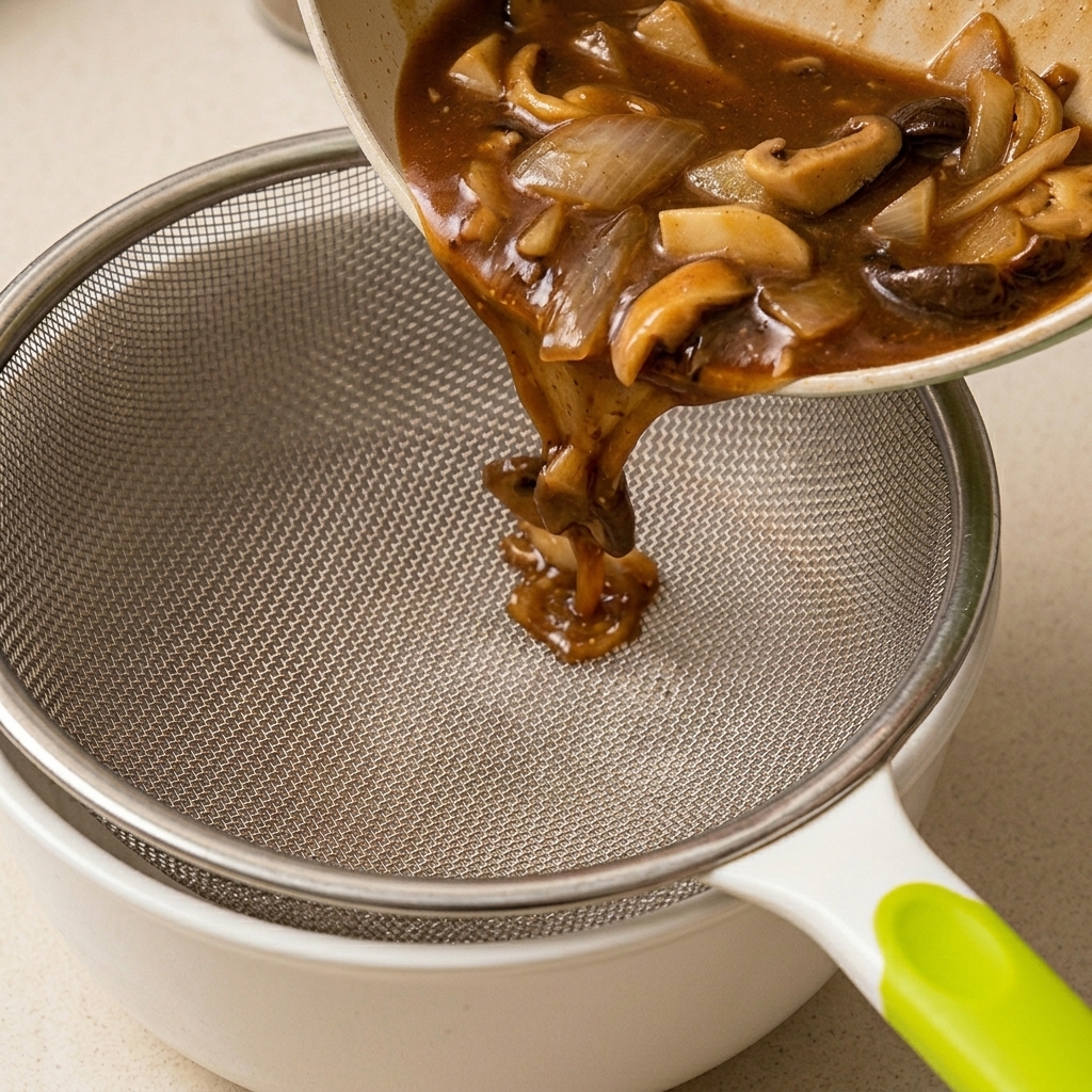 Dark vegetable broth with mushrooms being poured from a pan through a metal sieve into a white bowl.