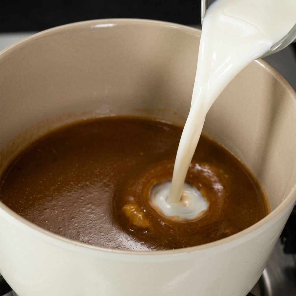 Fresh white milk being poured into a deep brown savory broth inside a light beige ceramic pot, creating creamy swirls.